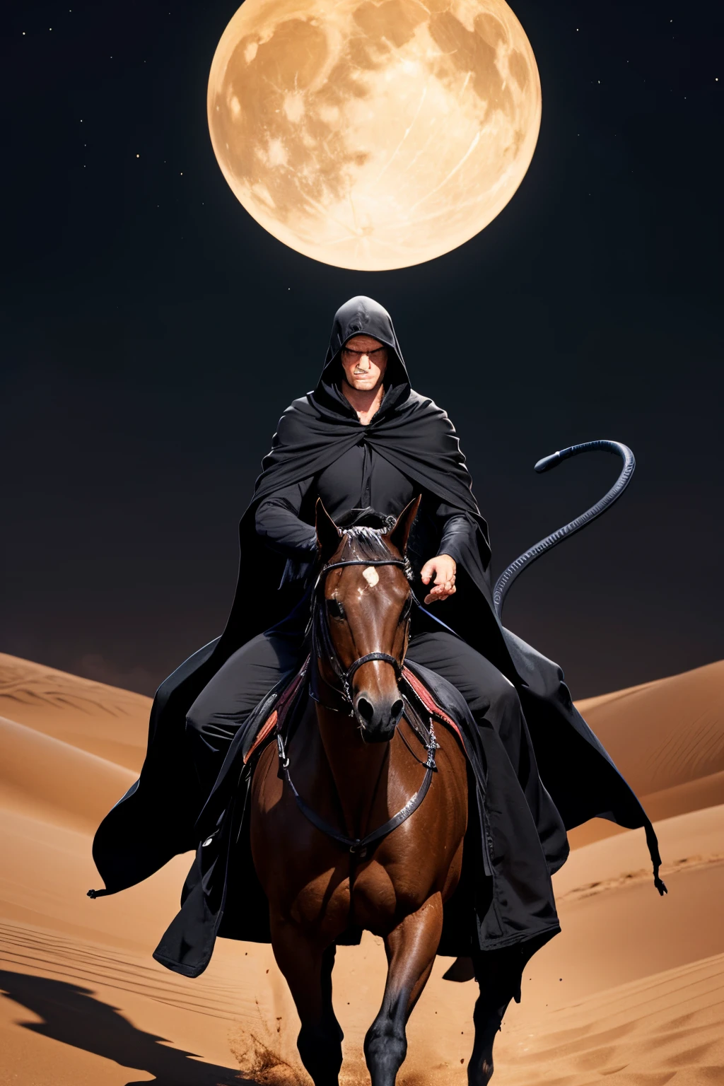 Horseman in black robe, cobra on horse, desert, the night, vector art