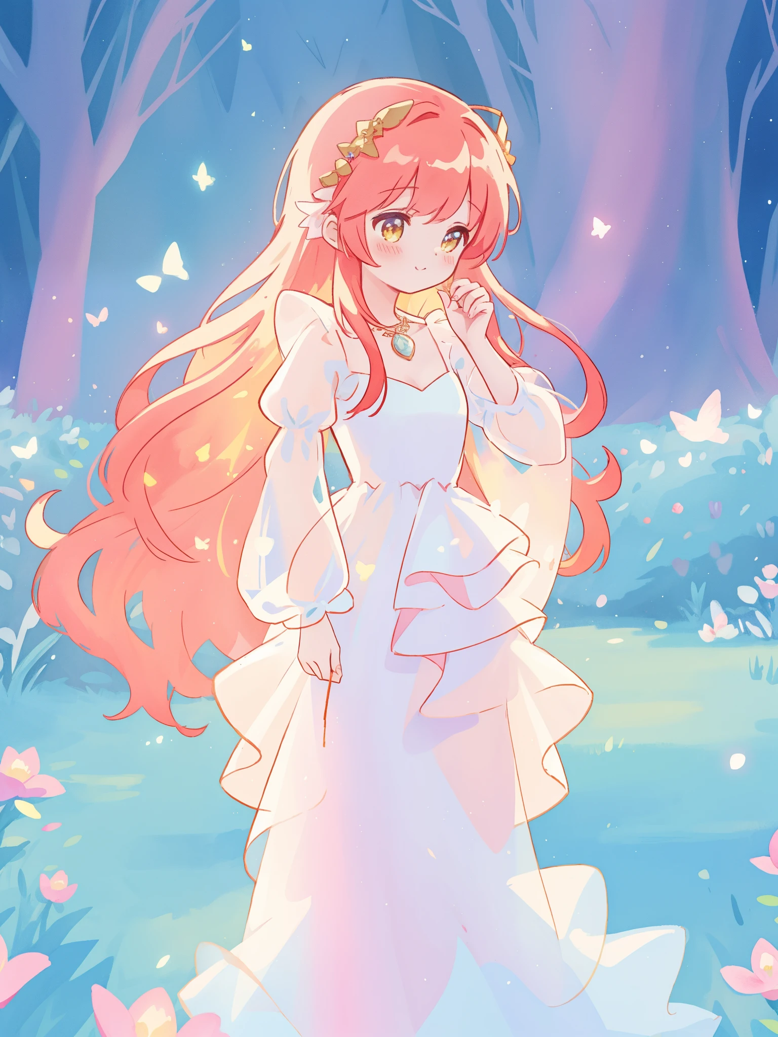 beautiful fairy girl in sparkling white ballgown, puffy flowing ballgown, sheer fluttering sleeves, ((glowing sheer layered dress)), long red gold hair, colorful fantasia background, delicate white flowers in her hair, watercolor illustration, glowing lights, beautiful digital illustration, fantasia otherworldly landscape, beautiful, masterpiece, best quality, (vibrant pastel colors), (colorful), magical forest landscape, sharp focus, intricate details, highly detailed, 8k resolution