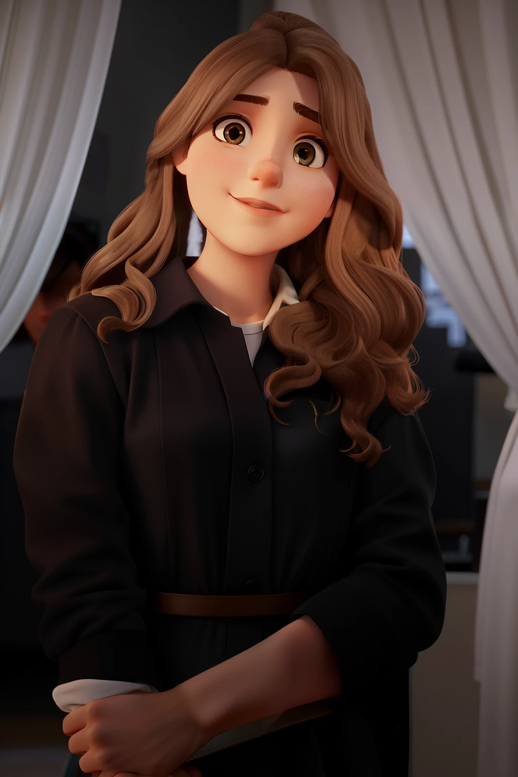 A wise young white woman with long brown hair, jaleco branco, Nurse standing in front, illuminated by the light of a lamp, contra o pano de fundo de um hospital
