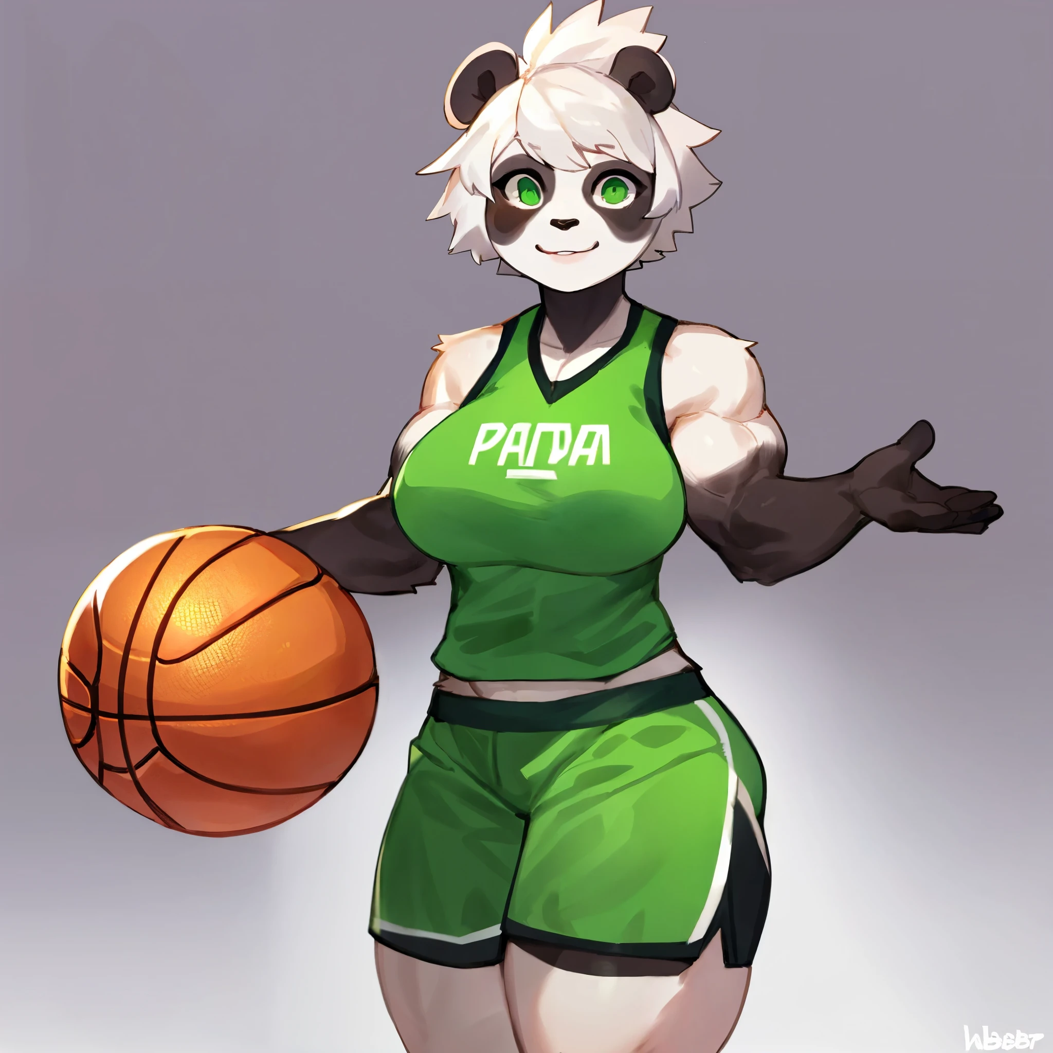 By bebebebebe, solo, female, standing, muscular, biceps, abs, green sports jersey, basketball shorts, ((panda)), white hair, bright green eyes, smiling, small ears, big breasts, thick thighs, (short hair, mohawk), thick lips, looking at viewer