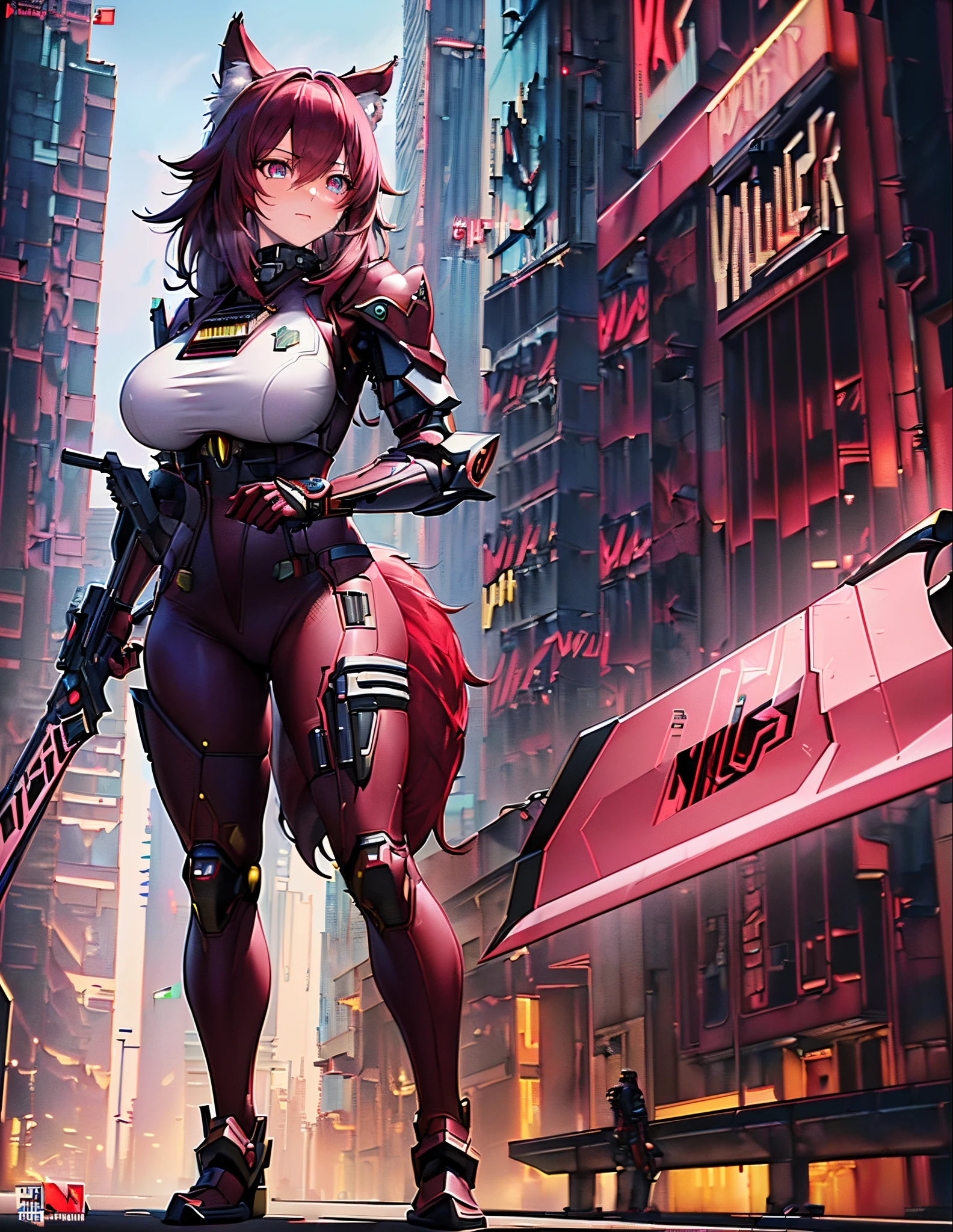 (best quality, 4k, 8k, highres, masterpiece:1.2), ultra-detailed, (((wolf girl))), (((burgundy hair))), (((full body))), ((standing pose)), ((((sexy battle cyberpunk armor)))), ((detailed clothes)), ((((carrying a big beautiful weapon)))), ((detailed weapon)), ((fully detailed)), illustration, vivid colors