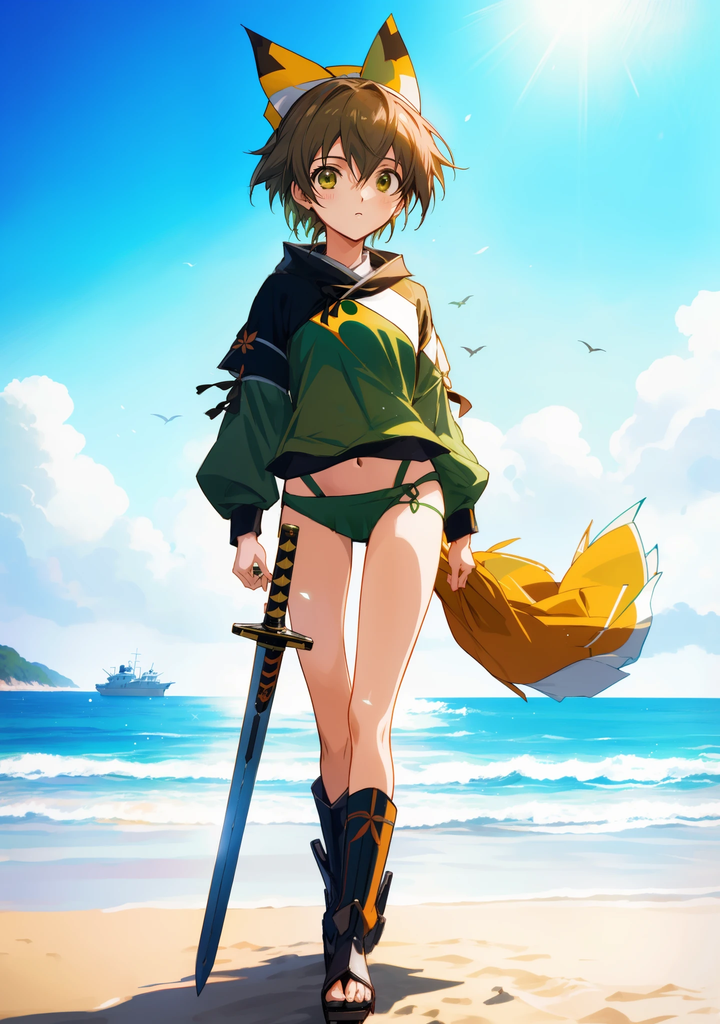 garota anime com espada e roupa verde na praia perto do oceano, raposa, Makoto, kantai collection style, raposa nobushi segurando uma naginata, she is holding a sword, garota de anime desonestos, raposa nobushi, com espada grande, Arte Oficial, tou, sbikini + equipamento militar esfarrapado, Vencedor do concurso Pixiv, Estilo Makoto Shinkai
