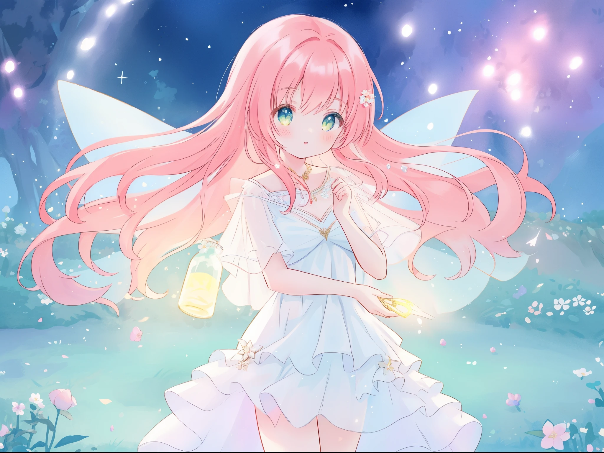 beautiful fairy girl in sparkling white ballgown, puffy flowing ballgown, sheer fluttering sleeves, ((glowing sheer layered dress)), long red gold hair, colorful fantasia background, delicate white flowers in her hair, watercolor illustration, glowing lights, beautiful digital illustration, ((fantasia otherworldly landscape)), beautiful, masterpiece, best quality, (vibrant pastel colors), (colorful), magical forest landscape, sharp focus, intricate details, highly detailed, 8k resolution