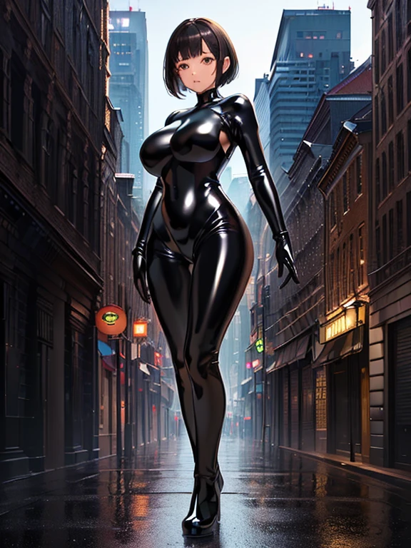 (top-quality: 1.3), (masterpiece: 1.3), (Super Detail: 1.3), (wall-paper, one girls: 1.1)、(Detailed hands and fingers:1.2)、(Detailed ultra-oily shiny skin:1.1)、(Black Full Body Rubber Suit:1.5)、Brown hair、a short bob、Beautiful sister、(Buildings:1.2)、nighttime scene、(Beautiful Large Breasts:1.3) 、sexypose、is standing、dance、ssmile