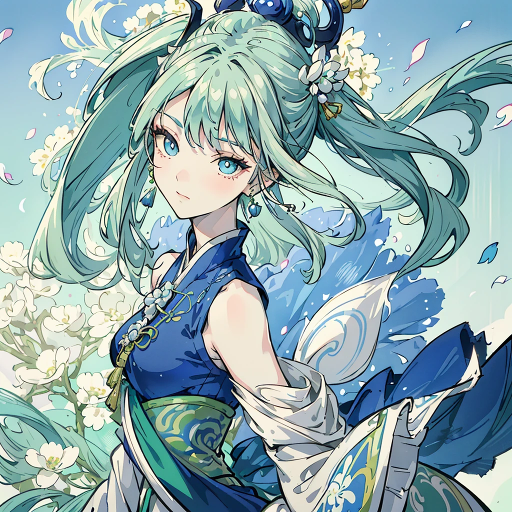 Mature girl , green pupils, blue-white hair color, floating hair, delicate and flexible eyes, intricate damask Hanfu, gorgeous accessories, wearing pearl earrings, fov, f/1.8, masterpiece, ancient Chinese style architecture, blue sky, flower petals flying, front portrait shot, Chang'e, side lighting, sunlight on people, 8K