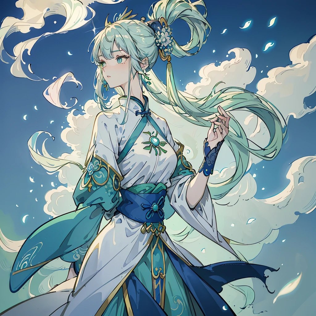 Mature girl , green pupils, blue-white hair color, floating hair, delicate and flexible eyes, intricate damask Hanfu, gorgeous accessories, wearing pearl earrings, fov, f/1.8, masterpiece, ancient Chinese style architecture, blue sky, flower petals flying, front portrait shot, Chang'e, side lighting, sunlight on people, 8K