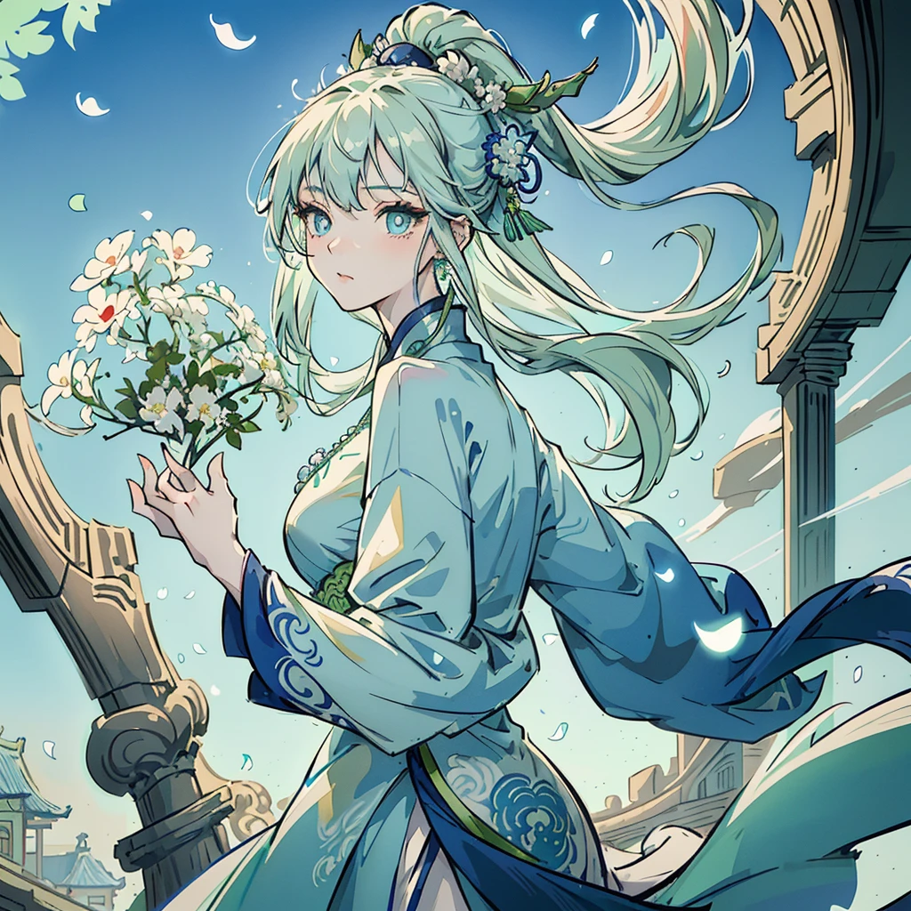 Mature girl , green pupils, blue-white hair color, floating hair, delicate and flexible eyes, intricate damask Hanfu, gorgeous accessories, wearing pearl earrings, fov, f/1.8, masterpiece, ancient Chinese style architecture, blue sky, flower petals flying, front portrait shot, Chang'e, side lighting, sunlight on people, 8K