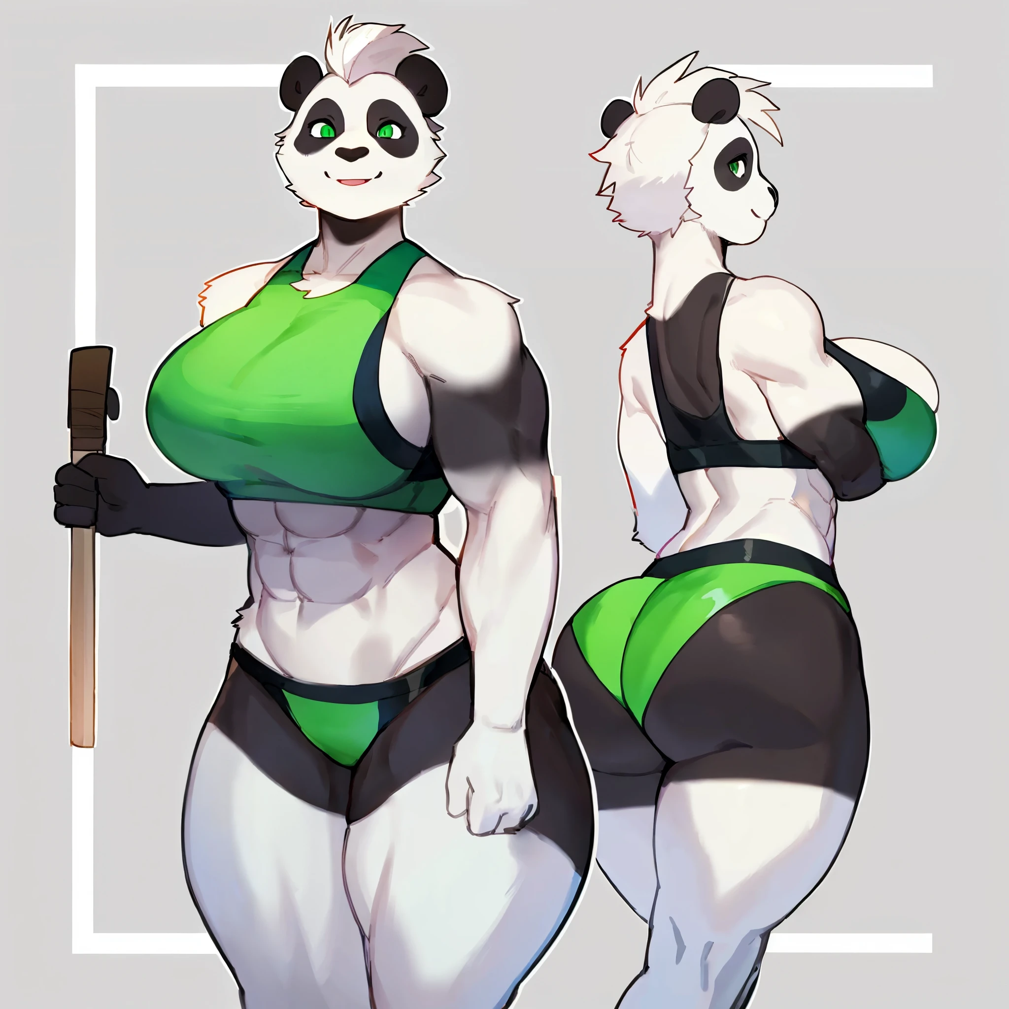 By bebebebebe, solo, female, standing, muscular, biceps, abs, ((panda)), white hair, bright green eyes, smiling, small ears, big breasts, thick thighs, (short hair, mohawk), thick lips, looking at viewer, big butt, booty shorts, sports bra