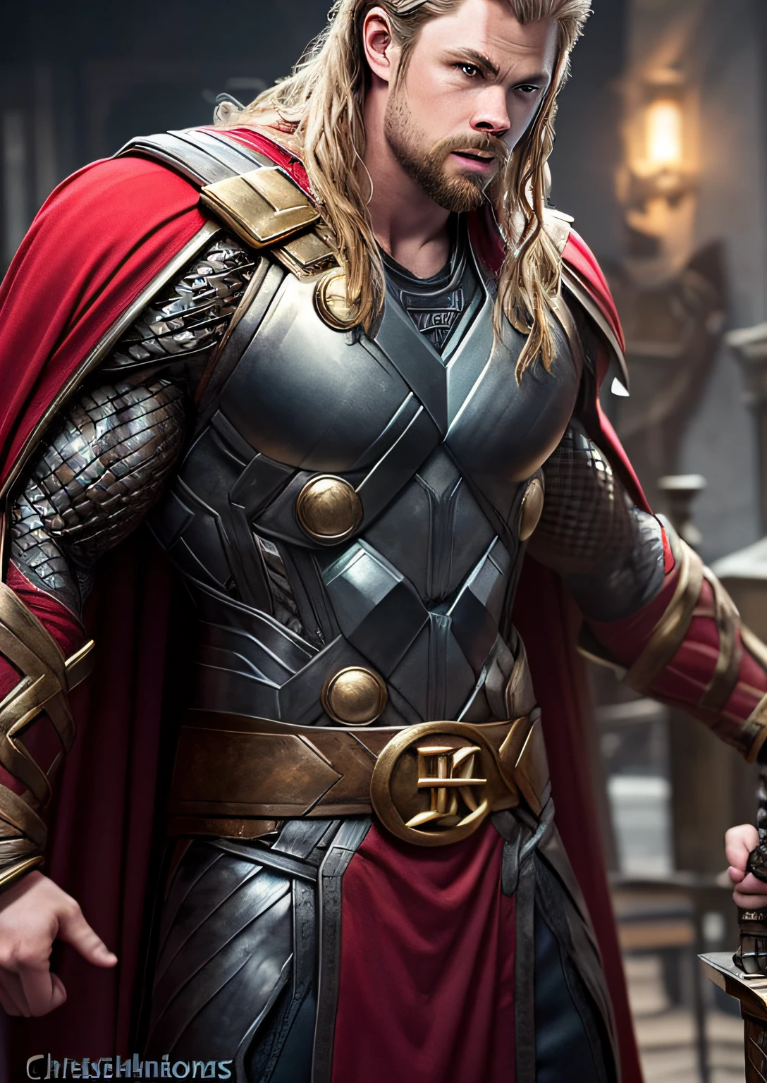 (photorealistic), (dramatic), (fantasy render), concept art, (full torso), (3/4 view:1.17), (Thor steampunk style), (((Thor Odinson|Chris Hemsworth))), brass:1.3, metals, gears, intricate, weathered, (red cape:1.33), realistic, volumetric lighting, simple background, masterpiece, centered