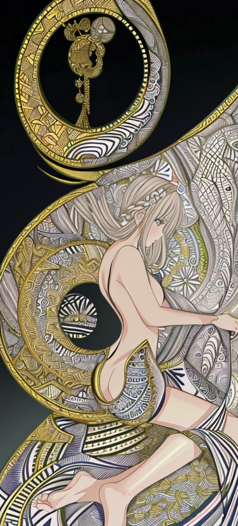 (masterpiece, high quality, highres,Highest picture quality), (Master's work),
(zentangle:1.2),1girl,classical,noble,princess,negative space,Tyndall Effect,light background, [(white background:1.3)::5],
bare shoulders, barefoot, bare back, shiny skin, shiny hair,