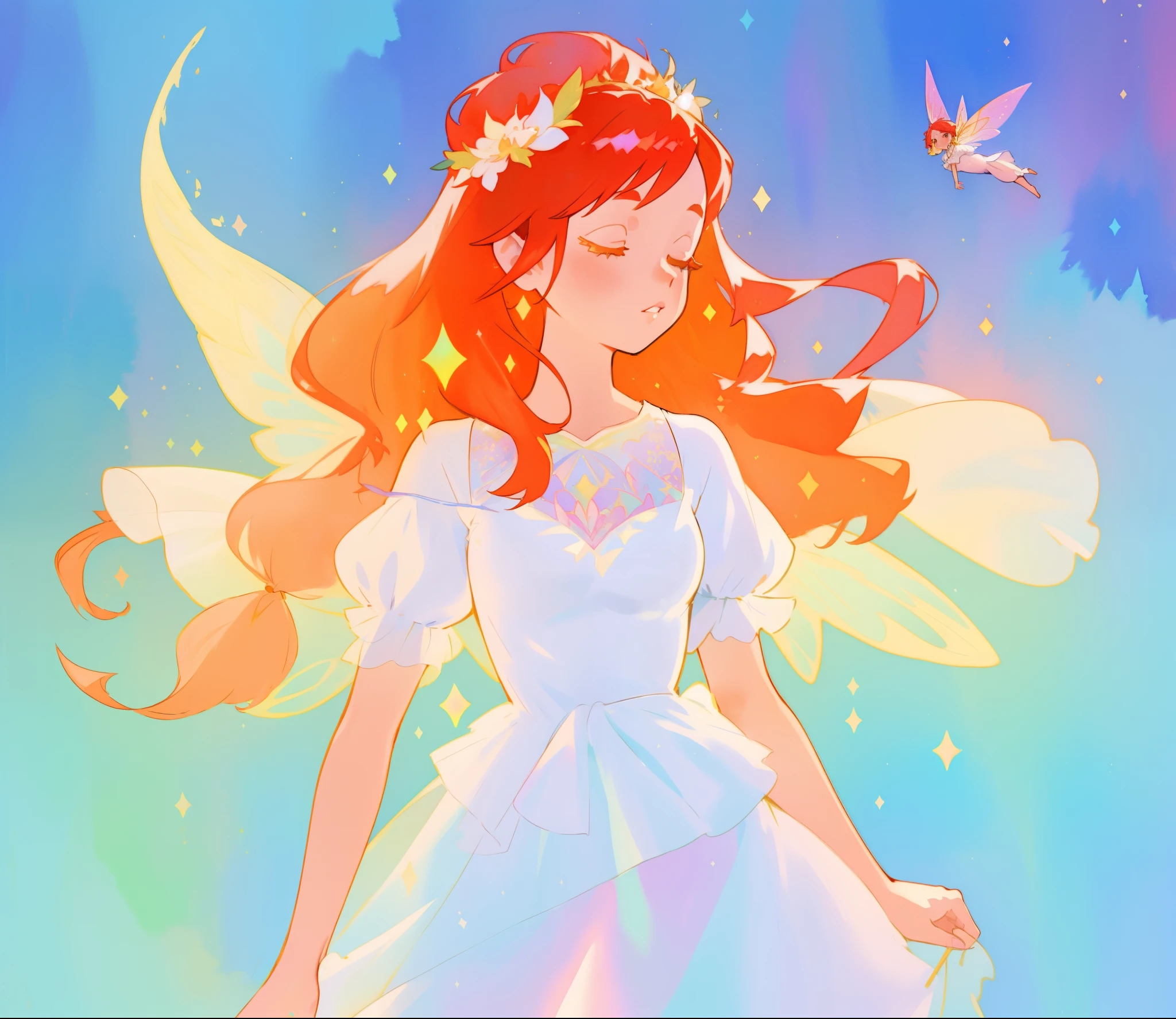 beautiful fairy girl in sparkling white layered dress, puffy flowing dress, sheer fluttering sleeves, ((sparkling fairy dress)), long red gold hair, colorful fantasia background, delicate white flowers, watercolor illustration, beautiful, masterpiece, best quality, vibrant pastel colors, colorful, vibrant, sharp focus, highly detailed, intricate details, golden ratio, perfect composition