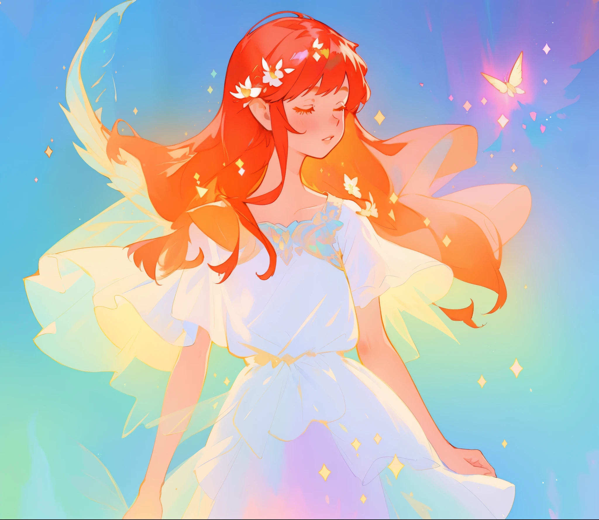 beautiful fairy girl in sparkling white layered dress, puffy flowing dress, sheer fluttering sleeves, ((sparkling fairy dress)), long red gold hair, colorful fantasia background, delicate white flowers, watercolor illustration, beautiful, masterpiece, best quality, vibrant pastel colors, colorful, vibrant, sharp focus, highly detailed, intricate details, golden ratio, perfect composition