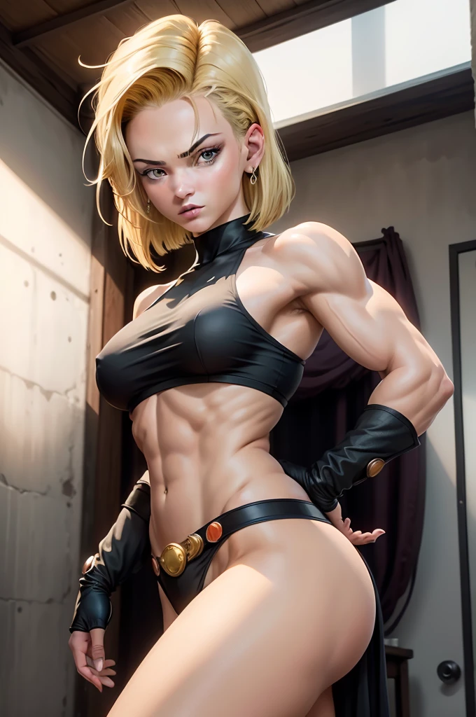 ((Android 18)), (((Como mulher maravilha))), ((Defined muscles)), athletic build)), loira do cabelo curto, ((no visible fingers)), ((camelo)), ((camelo)), ((Tanga)), master part, best quality, ((Realistic)), ((1 pessoa)), qualidade de imagem 8k, extremamente delicado e bonito, magnifica, Official art with attention to detail, Ridiculous, unbelievable Ridiculous, tamanho de arquivo enorme, Ultra-Detalhe, altamente detalhado, (beautiful young lady), ((figura feminina perfeita)), cintura fina, Cover your chest with your hands, (tatuagens por todo o corpo)), With a powerful presence, His body is decorated with a unique blend of abstract and realistic designs., Arte Digital, Altgerm, hiperdetalhes, Top Fade, cowboy shot, fantasia sombria