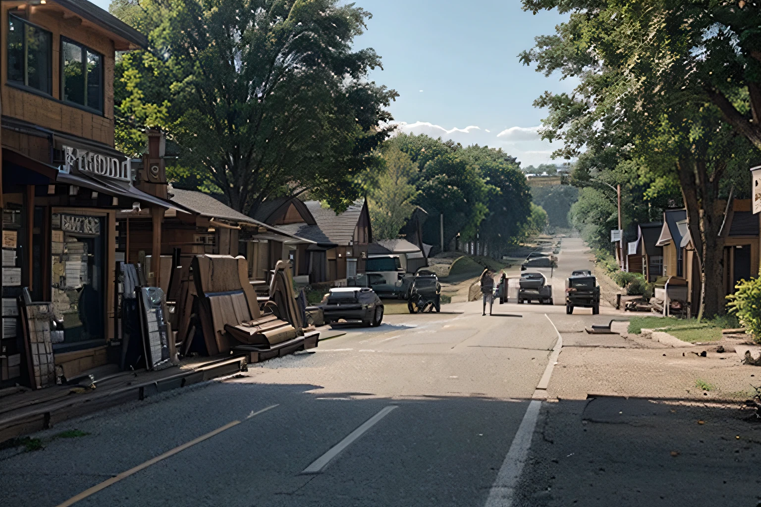 Morning in (((Brookfield))) with a lot of (((sawmill))) on the streets of the village (Brookfield) several (((people talking))) several people on the streets.
