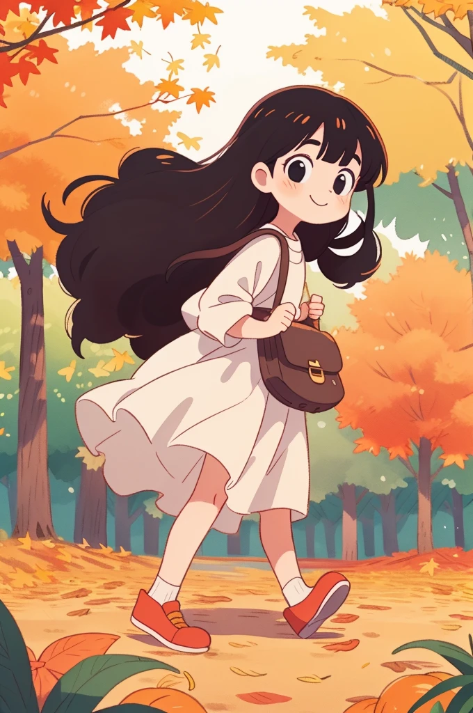 l girl, long hair, round face, big eyes, long white dress,smiling, black crossbody bag, skirt blowing in the wind，Autumn, park, golden leaves, woods Panorama, front