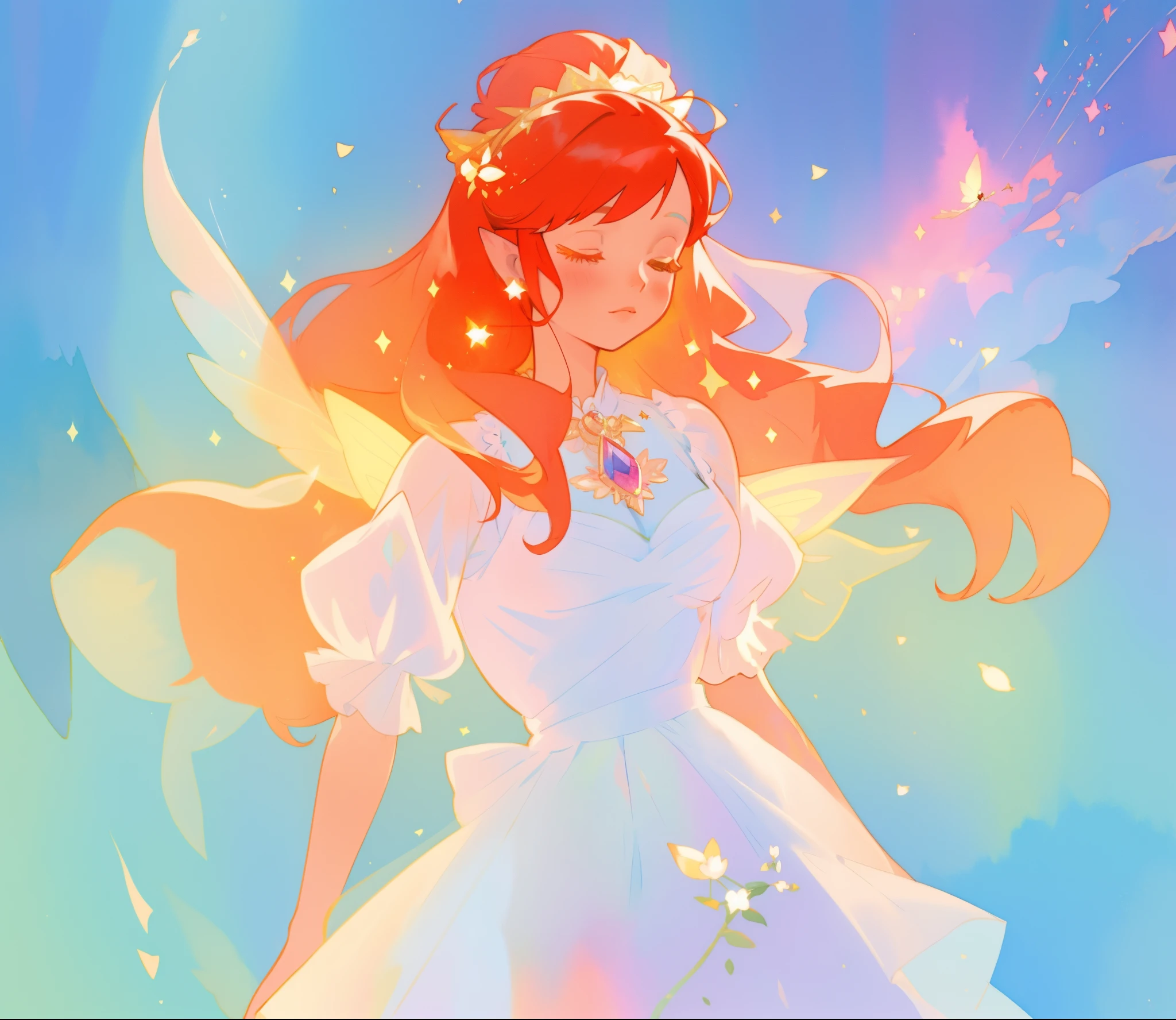 beautiful fairy girl in sparkling white layered dress, puffy flowing dress, sheer fluttering sleeves, ((sparkling fairy dress)), long red gold hair, colorful fantasia background, delicate white flowers, watercolor illustration, beautiful, masterpiece, best quality, vibrant pastel colors, colorful, vibrant, sharp focus, highly detailed, intricate details, golden ratio, perfect composition