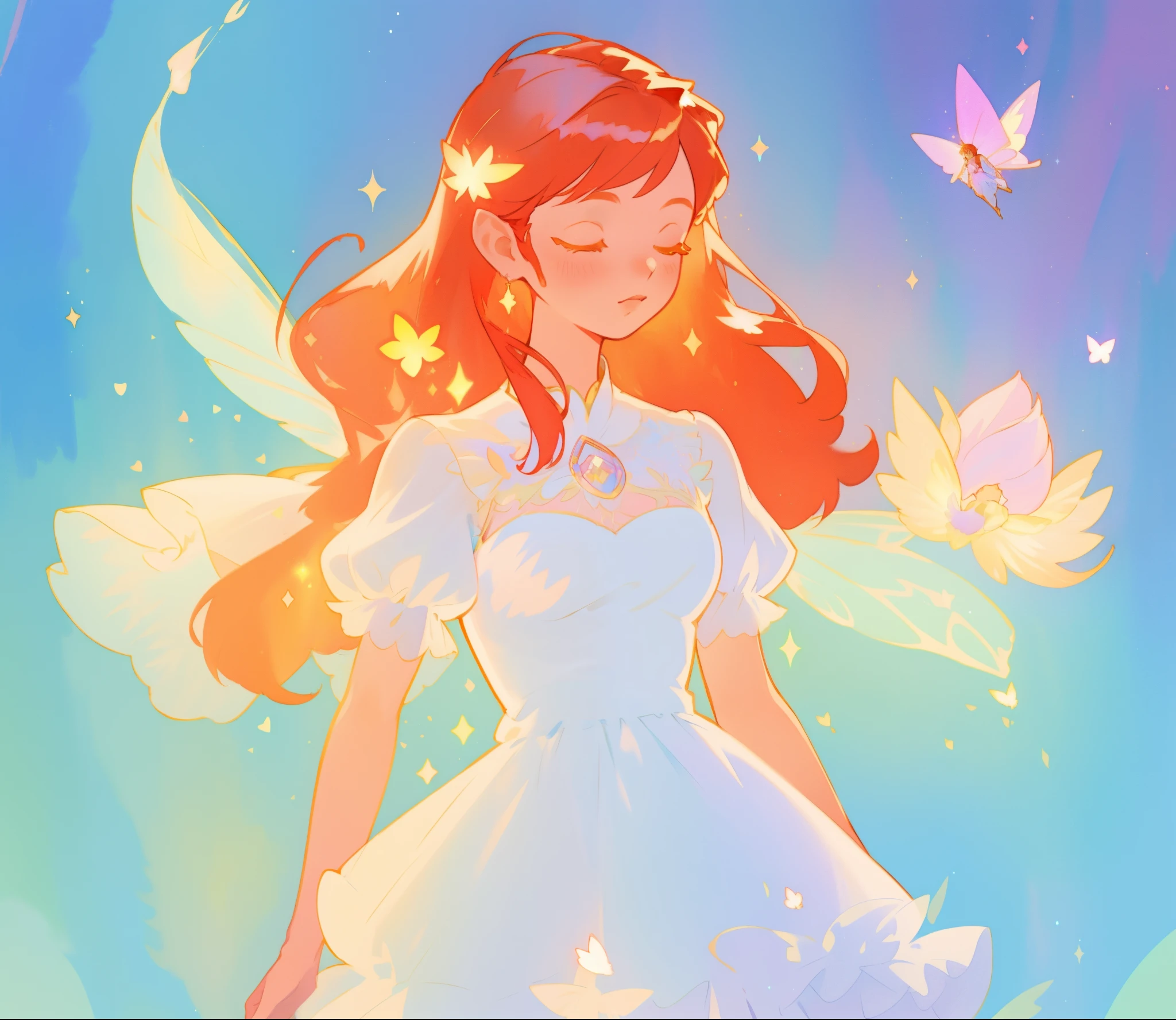 beautiful fairy girl in sparkling white layered dress, puffy flowing dress, sheer fluttering sleeves, ((sparkling fairy dress)), long red gold hair, colorful fantasia background, delicate white flowers, watercolor illustration, beautiful, masterpiece, best quality, vibrant pastel colors, colorful, vibrant, sharp focus, highly detailed, intricate details, golden ratio, perfect composition