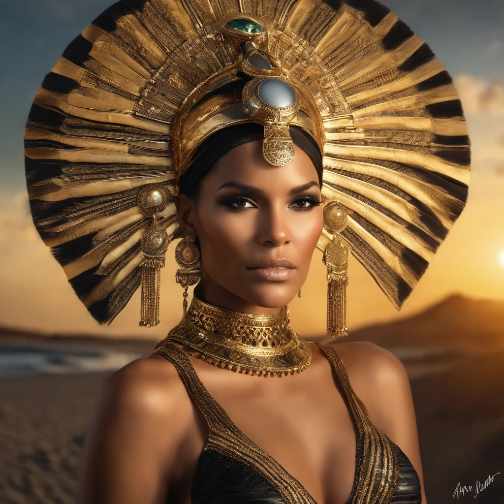 hyper realistic, ultra detailed photograph of a woman with in futuristic headwear inspired by an ancient Egypt queen, Cleopatra headwear, Egyptian Queen in sexy cut out dress in black and gold stripes, long black lace skirt with decorations in gold, top in black with golden decorations, top in lace, layers of lace, decorations snake, gold, silver, stones, scarab beetle, microchips, integrated electric circuits, brown skin, slim body, dark hair, Halle Berry look, golden jewelry, golden hour, warm sunlight fractal details, full body pose, (Anna Steinbauer:1.5), depth of field, HOF, hall of fame, detailed gorgeous face, model facing camera, beach with palm trees, orange sunset, orange sun, tropical beach, professional photographer, captured with professional DSLR camera, ultra detailed, ultra accurate detailed, bokeh, cinematic, Thomas Kinkade, ((Pauline Voß)), ((Pascal Quidault)), ((Anna Helme)), Martina Fackova, intricate, epic, freckles, peach fuzz, detailed mascara,