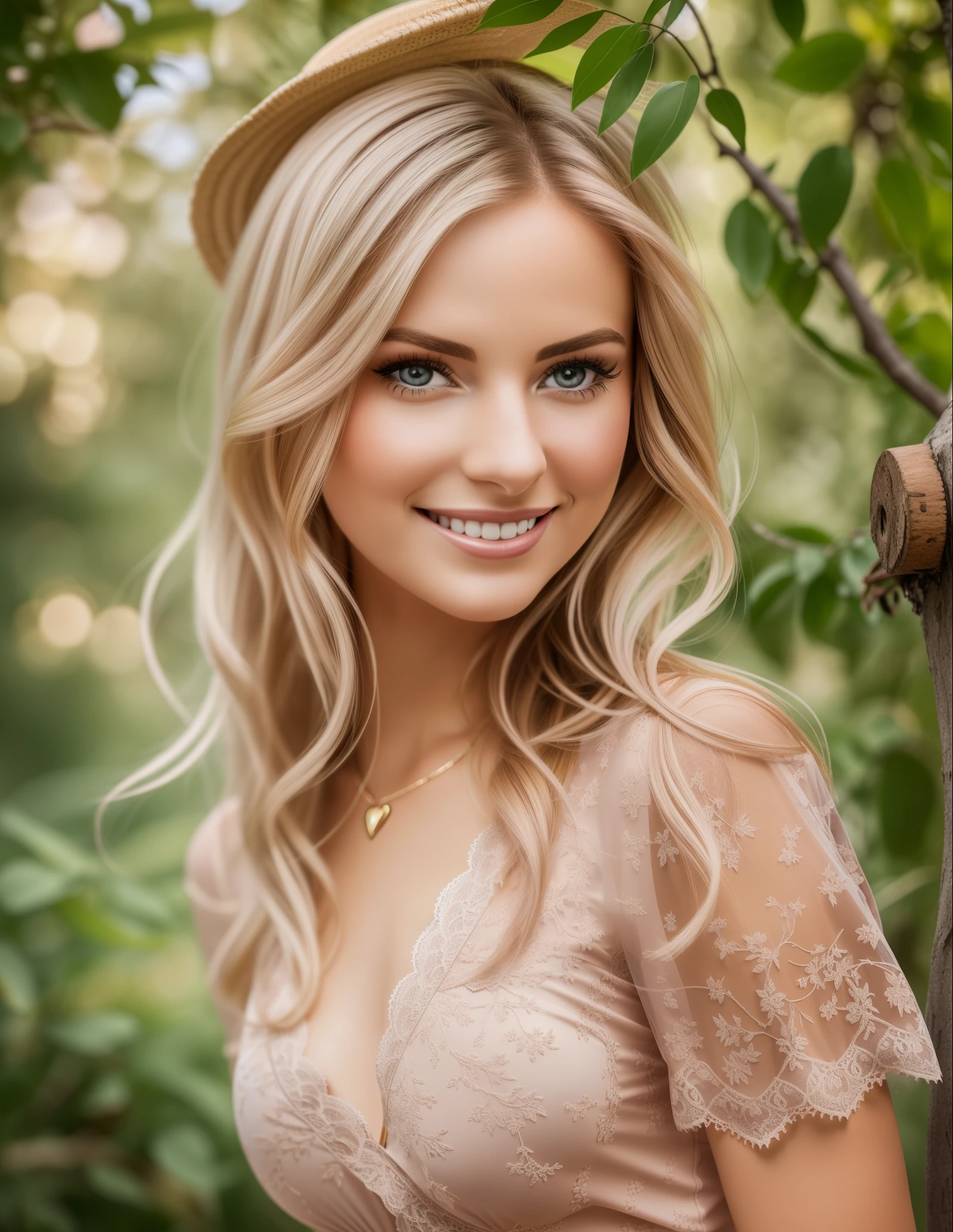 realistisches photo, Gorgeous young sexy woman with medium breasts cup B wearing a pink tight cut-out summer dress with lace,um den hals ein goldenes kettchen mit herz,  Beautiful detailed body and face,hellblonde mittellange haare, looking at camera smiling,, Spaltung, hintergrund mediterrane landschaft, Orangenbäume, Depth of field, 4k, hdr --auto --s2