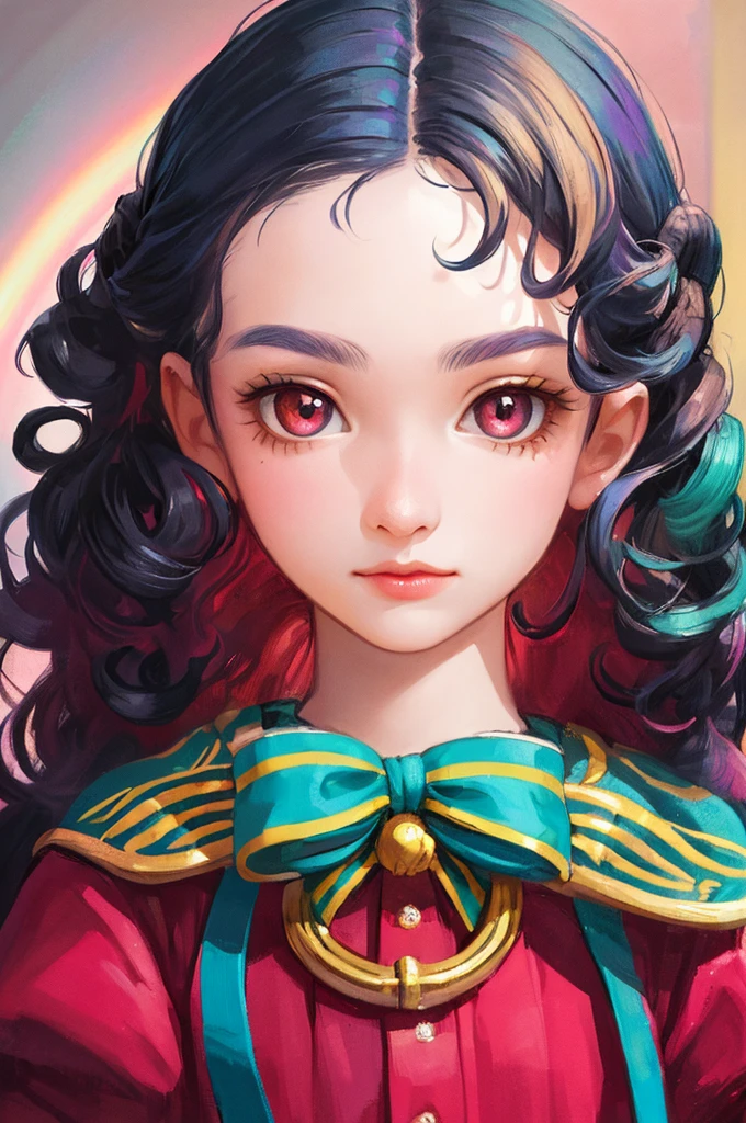marvelous illustration,
1 girl, 14yo, ruby eyes, rainbow hair, square face, natural eyebrows, ringlet curls hair style,
highly detailed background,
masterpiece, ultra quality, extremely detailed, 8k