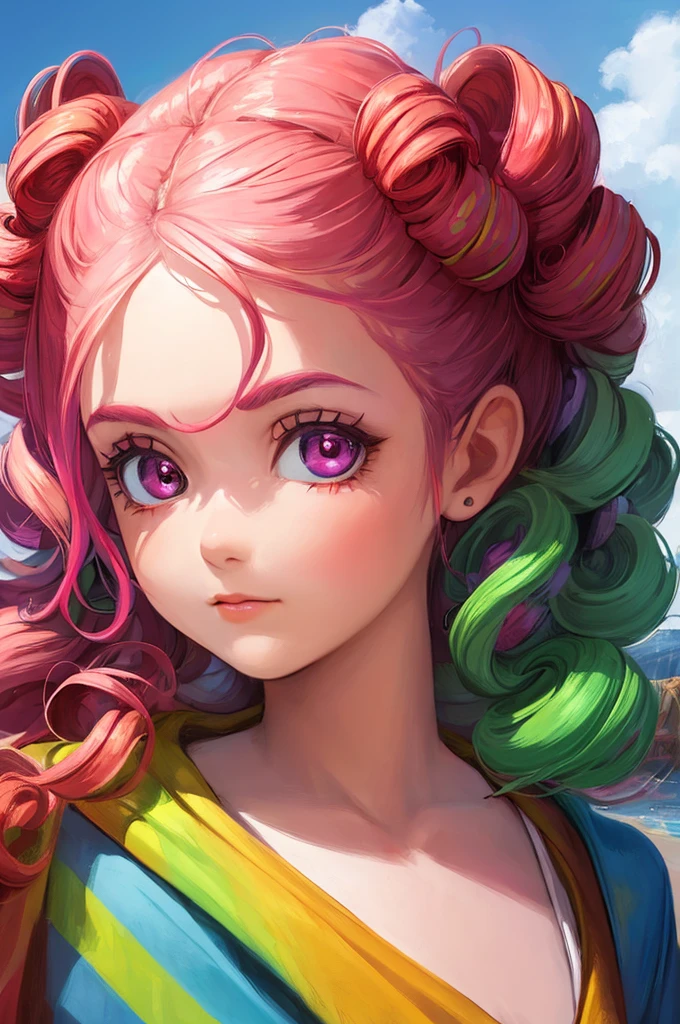 marvelous illustration,
1 girl, 14yo, ruby eyes, rainbow hair, square face, natural eyebrows, ringlet curls hair style,
highly detailed background,
masterpiece, ultra quality, extremely detailed, 8k