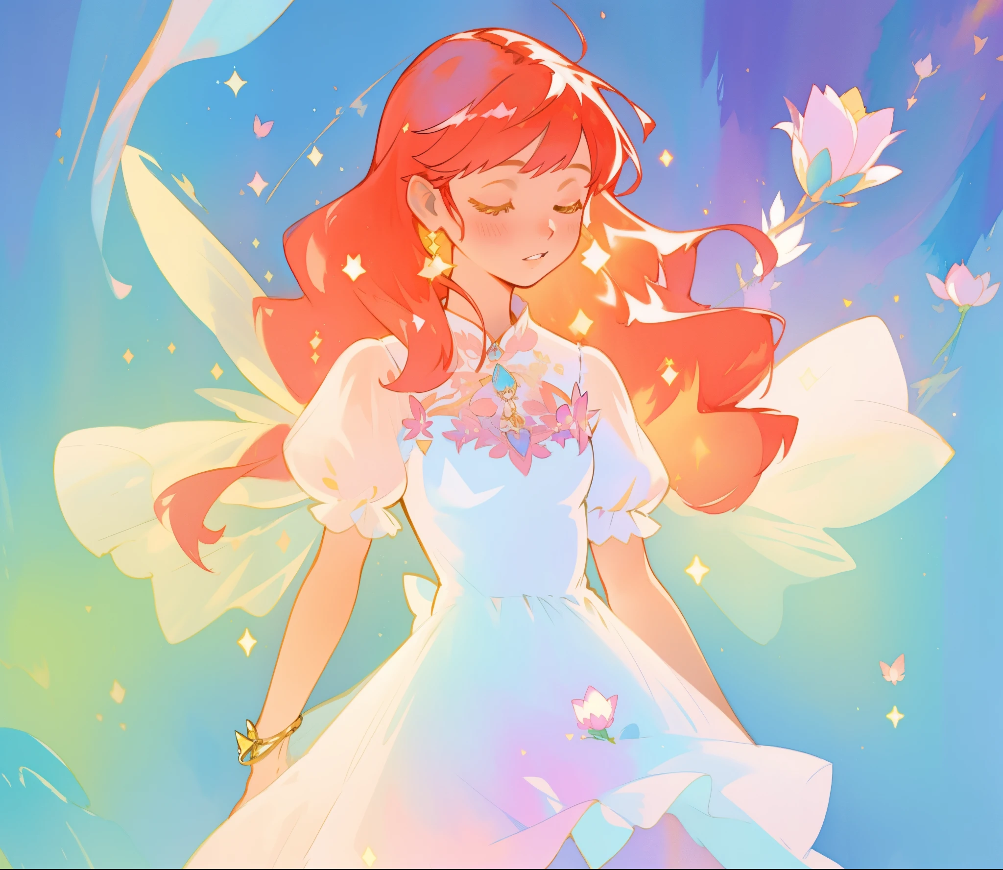 beautiful fairy girl in sparkling white layered dress, puffy flowing dress, sheer fluttering sleeves, ((sparkling fairy dress)), long red gold hair, colorful fantasia background, delicate white flowers, watercolor illustration, beautiful, masterpiece, best quality, vibrant pastel colors, colorful, vibrant, sharp focus, highly detailed, intricate details, golden ratio, perfect composition