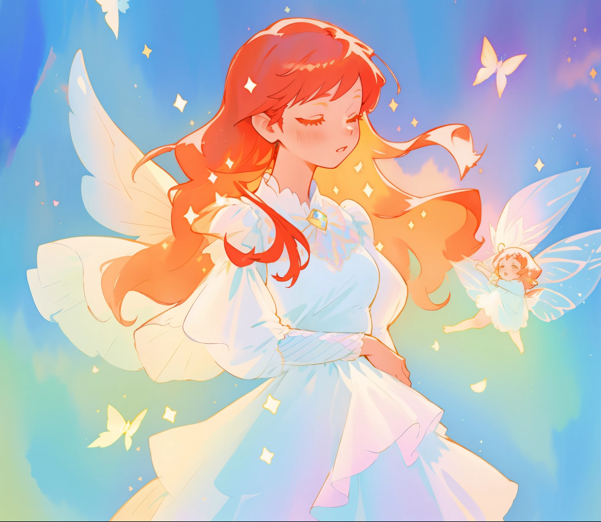 beautiful fairy girl in sparkling white layered dress, puffy flowing dress, sheer fluttering sleeves, ((sparkling fairy dress)), long red gold hair, colorful fantasia background, delicate white flowers, watercolor illustration, beautiful, masterpiece, best quality, vibrant pastel colors, colorful, vibrant, sharp focus, highly detailed, intricate details, golden ratio, perfect composition