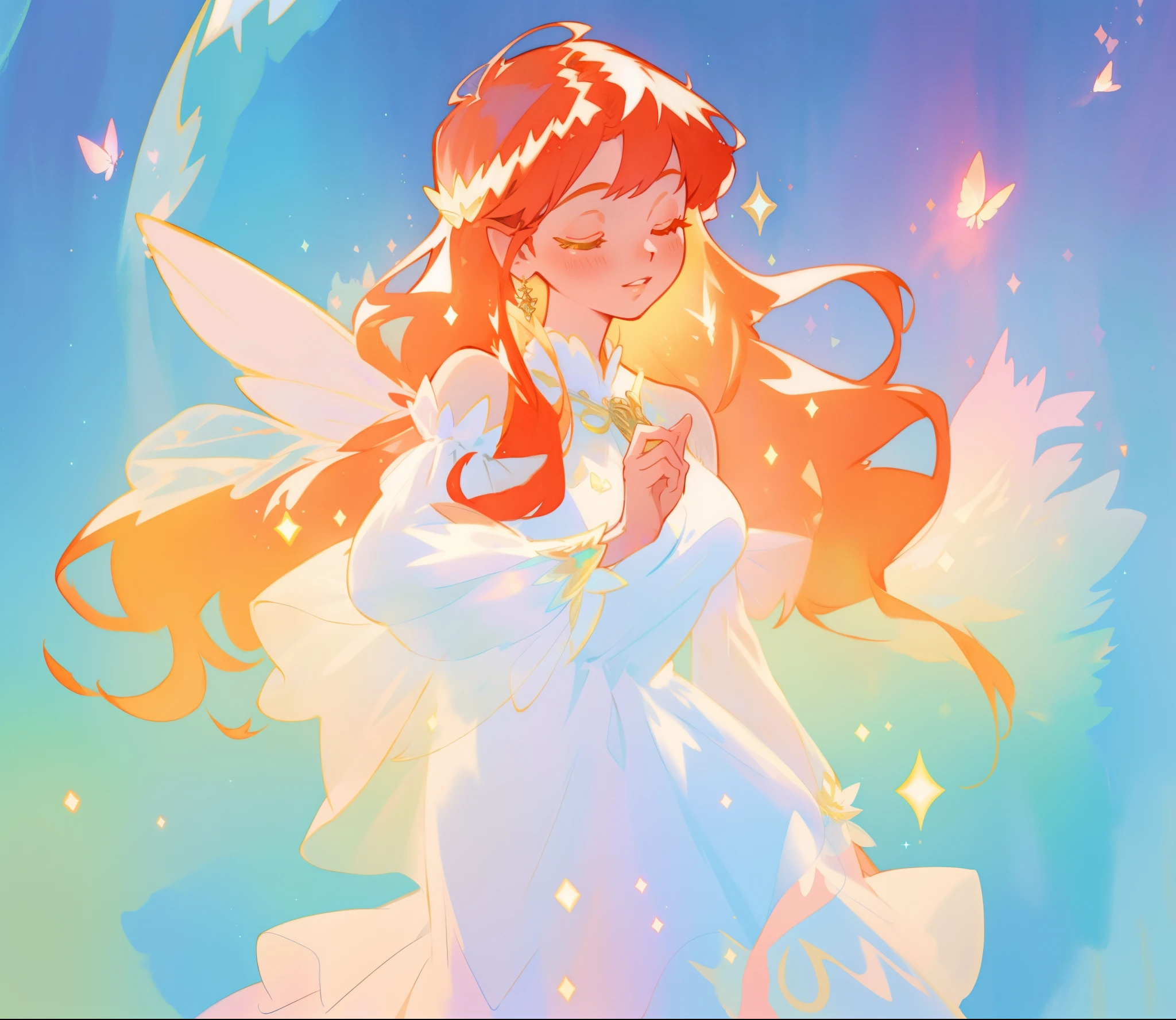 beautiful fairy girl in sparkling white layered dress, puffy flowing dress, sheer fluttering sleeves, ((sparkling fairy dress)), long red gold hair, colorful fantasia background, delicate white flowers, watercolor illustration, beautiful, masterpiece, best quality, vibrant pastel colors, colorful, vibrant, sharp focus, highly detailed, intricate details, golden ratio, perfect composition