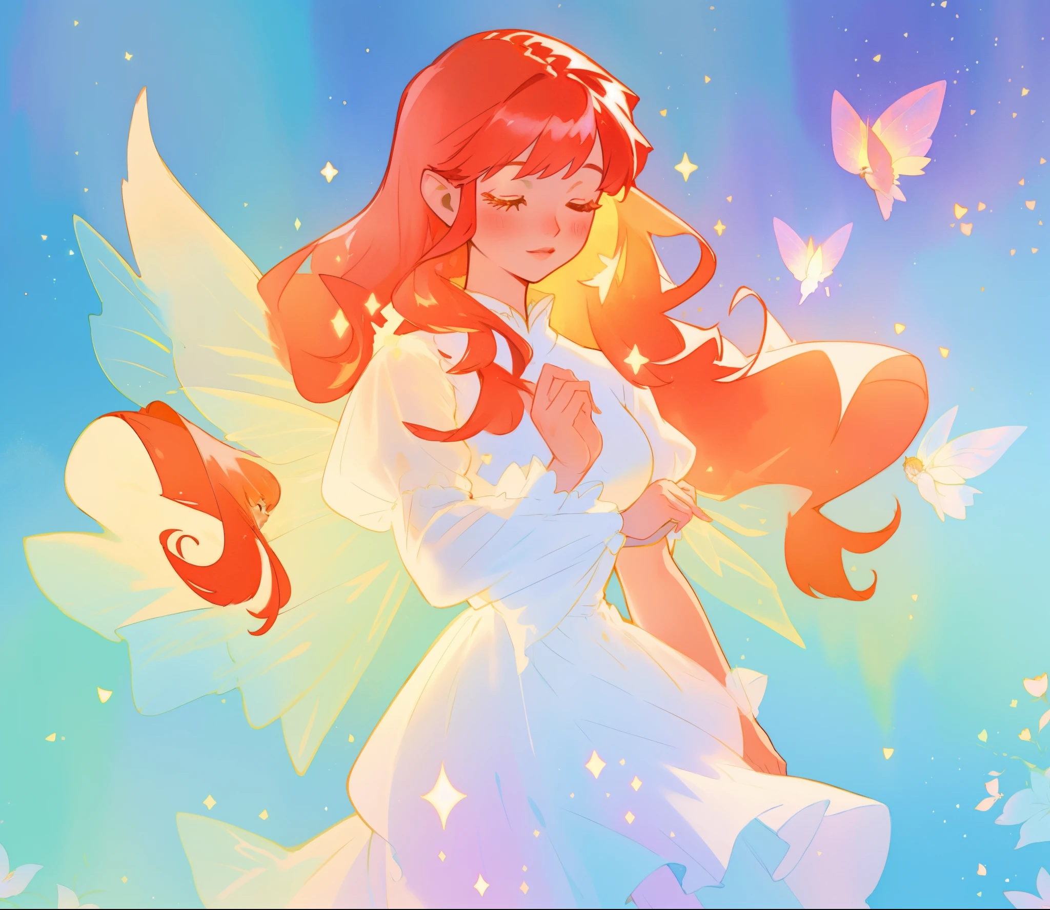 beautiful fairy girl in sparkling white layered dress, puffy flowing dress, sheer fluttering sleeves, ((sparkling fairy dress)), long red gold hair, colorful fantasia background, delicate white flowers, watercolor illustration, beautiful, masterpiece, best quality, vibrant pastel colors, colorful, vibrant, sharp focus, highly detailed, intricate details, golden ratio, perfect composition