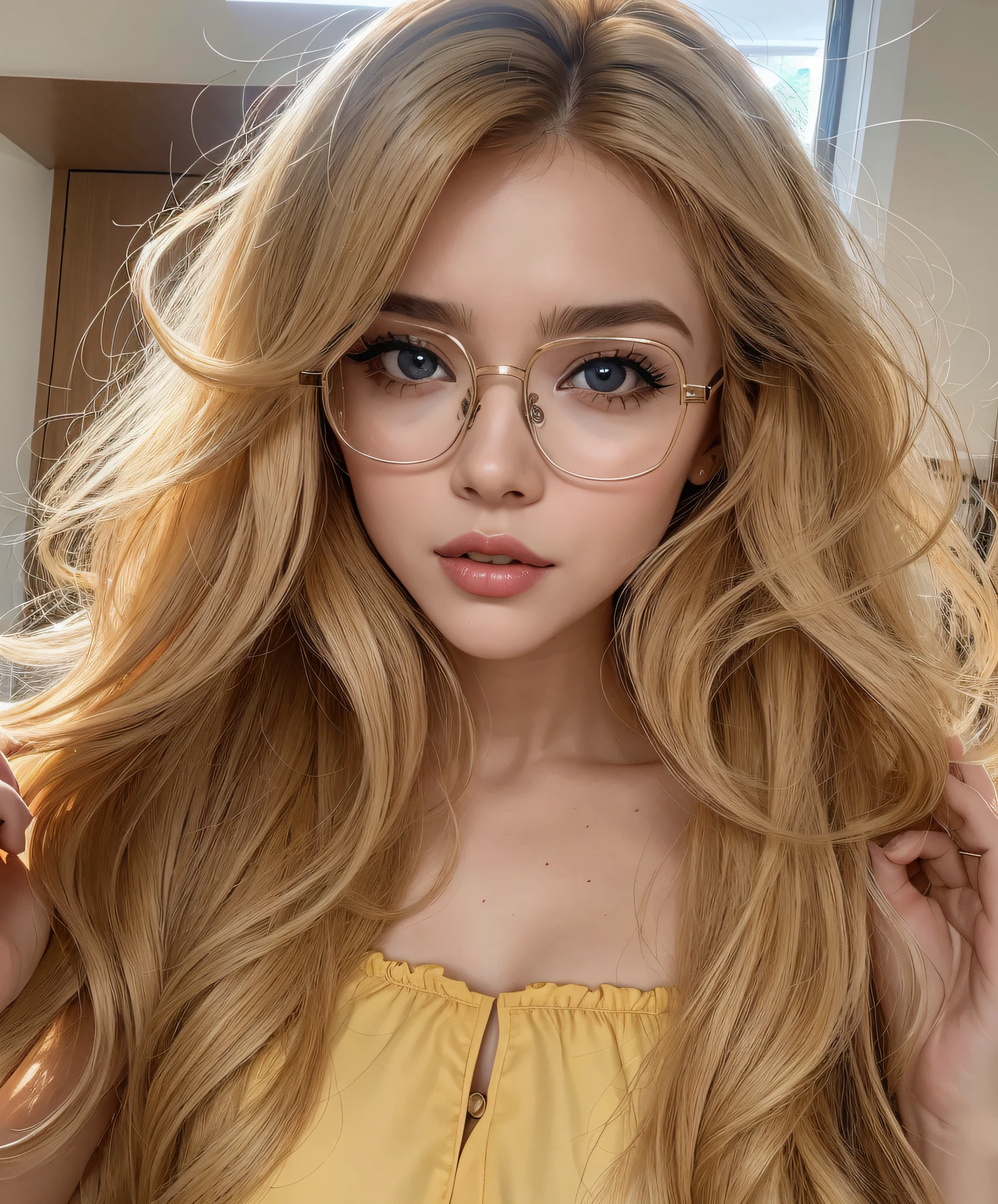 blonde woman with glasses and yellow blouse posing for a photo, cabelos longos ondulados castanhos claros, Tema amarelo cabelo ondulado, longos cabelos loiros e olhos grandes, linda Delphine, longos cabelos loiros cacheados e fofos, longos cabelos loiros e olhos grandes, With eye Glasses, with square glasses, com longos cabelos loiros, longos cabelos loiros ondulados, cabelos loiros e olhos grandes