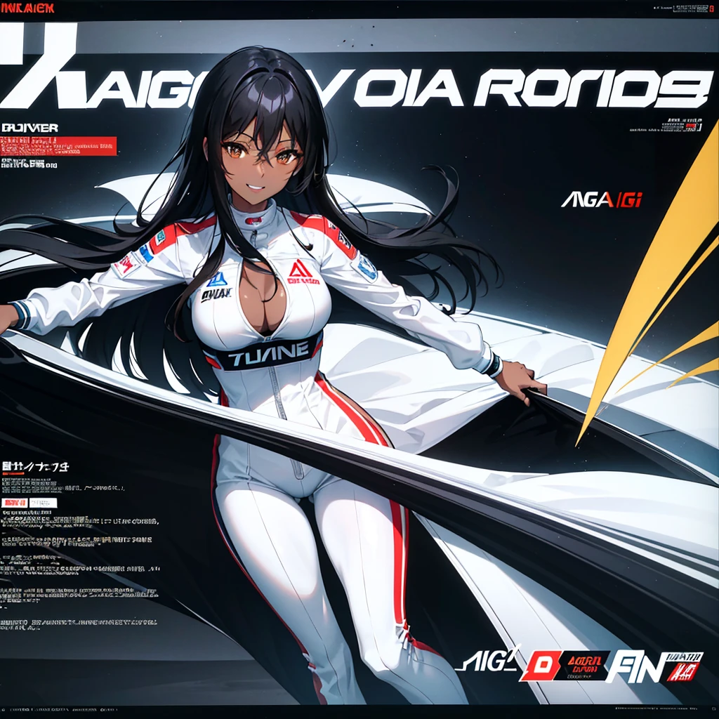 30 years old girl, long black hair, dark skin, wearing a white racing driver suit, cleavage, brown eyes, smiling, sexy pose, high res, ultrasharp, 8K, (magazine: 1.3), (style de couverture: 1.3), race paddock, background