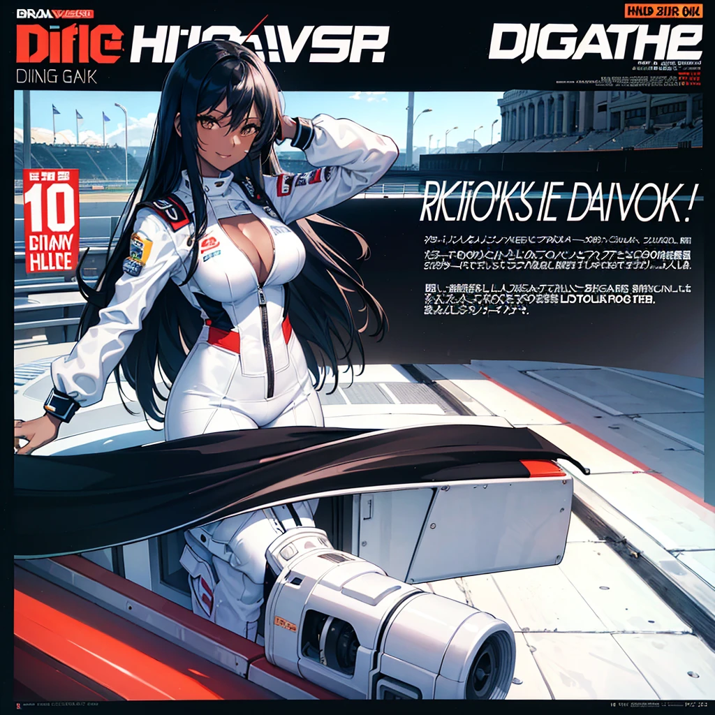 30 years old girl, long black hair, dark skin, wearing a white racing driver suit, cleavage, brown eyes, smiling, sexy pose, high res, ultrasharp, 8K, (magazine: 1.3), (style de couverture: 1.3), race paddock, background