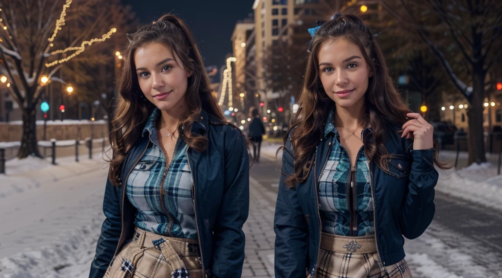 1girl, solo, full body, christmas, ((christmas tree)), street, night, lights, snow, long hair, brown hair, curly hair, ponytail, large breasts, button down, ((opened brown zipper jacket)), dark blue eyes, ((blue shirt)), ((checked shirt)), ((unbuttoned shirt)), ((long skirt)), smile, looking at the viewer, standing, hair ribbon