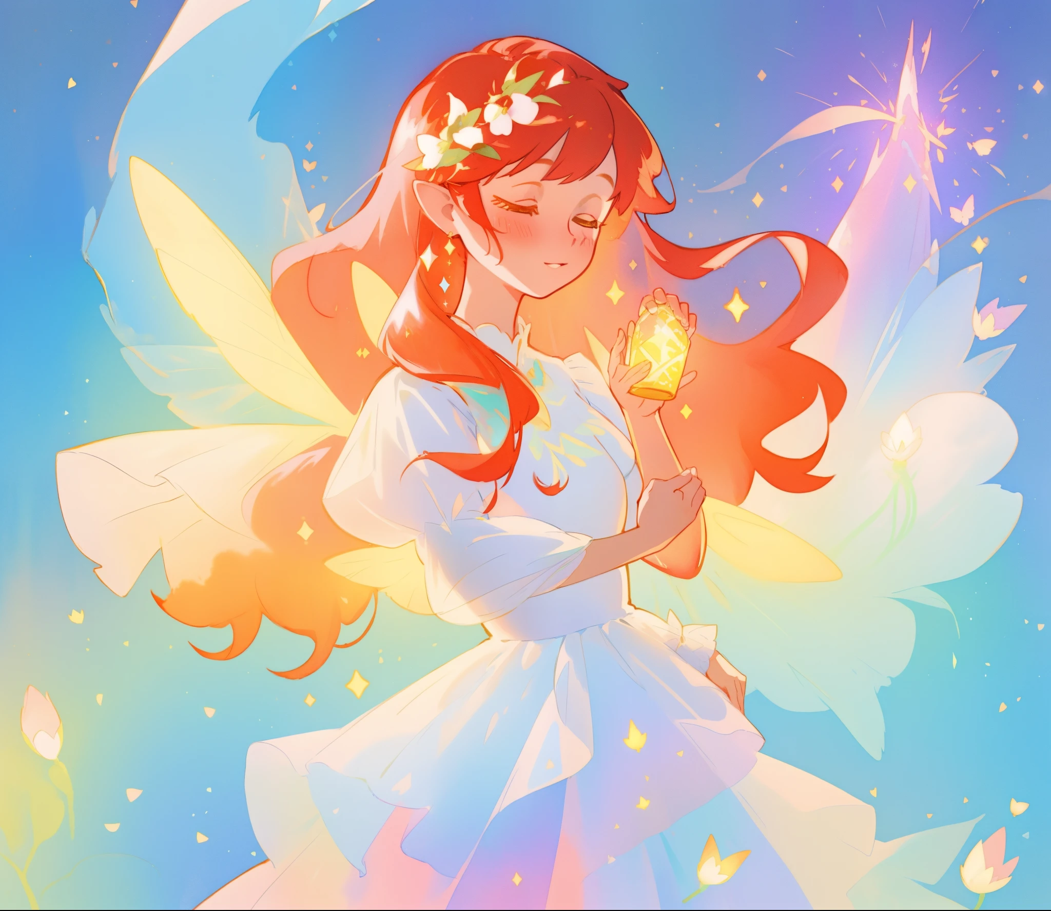 beautiful fairy girl in sparkling white layered dress, puffy flowing dress, sheer fluttering sleeves, ((sparkling fairy dress)), long red gold hair, colorful fantasia background, delicate white flowers, watercolor illustration, beautiful, masterpiece, best quality, vibrant pastel colors, colorful, vibrant, sharp focus, highly detailed, intricate details, golden ratio, perfect composition