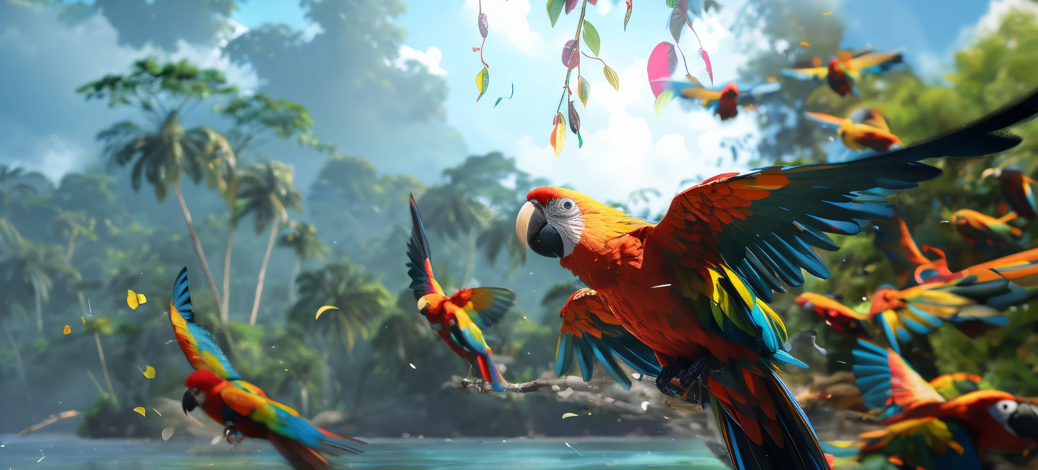 there are many colorful birds flying around a body of water, Arte digital 4K altamente detallado, 4K High Resolution, Arte 4K, Arte conceptual colorido, Aves f CGsociety, alto detalle 4k, 4K de alto nivel de detalle, Ethereal Macaw, aves tropicales, Fondo de pantalla HD, Loros, Hermoso arte conceptual 3D, 4 K HD fondo de pantalla muy detallado