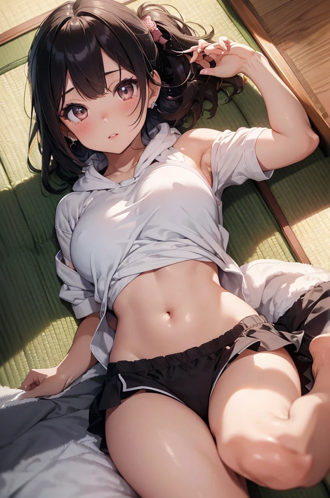 top quality, (Masterpiece: 1.3), (Maximum resolution: 1.2), (Ultra HDTV: 1.2), Cinema light, Ultra HDTV, (Detailed eyes and skin), (Detailed facial features), HDR, 8k resolution, Sharp Focus: 1.2, Perfect style, beautiful face, accurate, anatomically correct, highly detailed face and skin texture, detailed eyes, brown eyes, double eyelids, thin eyebrows, glitter eyeliner: 1.2, natural cheeks, glossy skin, fair skin: 1.2, shiny little earrings, (glossy lips: 1.4),
BREAK
first-person-view, (Wearing a fluffy nightwear, towel-style pile fabric, thick white and pale pink border, it consists of top and shorts, hoodie), (lifting the hem of the top and showing her navel), (compassion:1.2), (blush:1.2), Innocent and Cute girl, ( wavy hair, bangs flowing diagonally), (Multi color hair:1.2), extra short hair,
BREAK
(Full body shot: 1.2), (focus on legs), ((Very intimate relationships: 1.2)), (medium large breasts:1.2),
(((at futons that spread out in a Japanese-style tatami room: 1.2)), ((laying around with legs crossed:1.4)), (welcoming the viewer with open arms)(looking up at viewer)), (from directly above:1.2),
