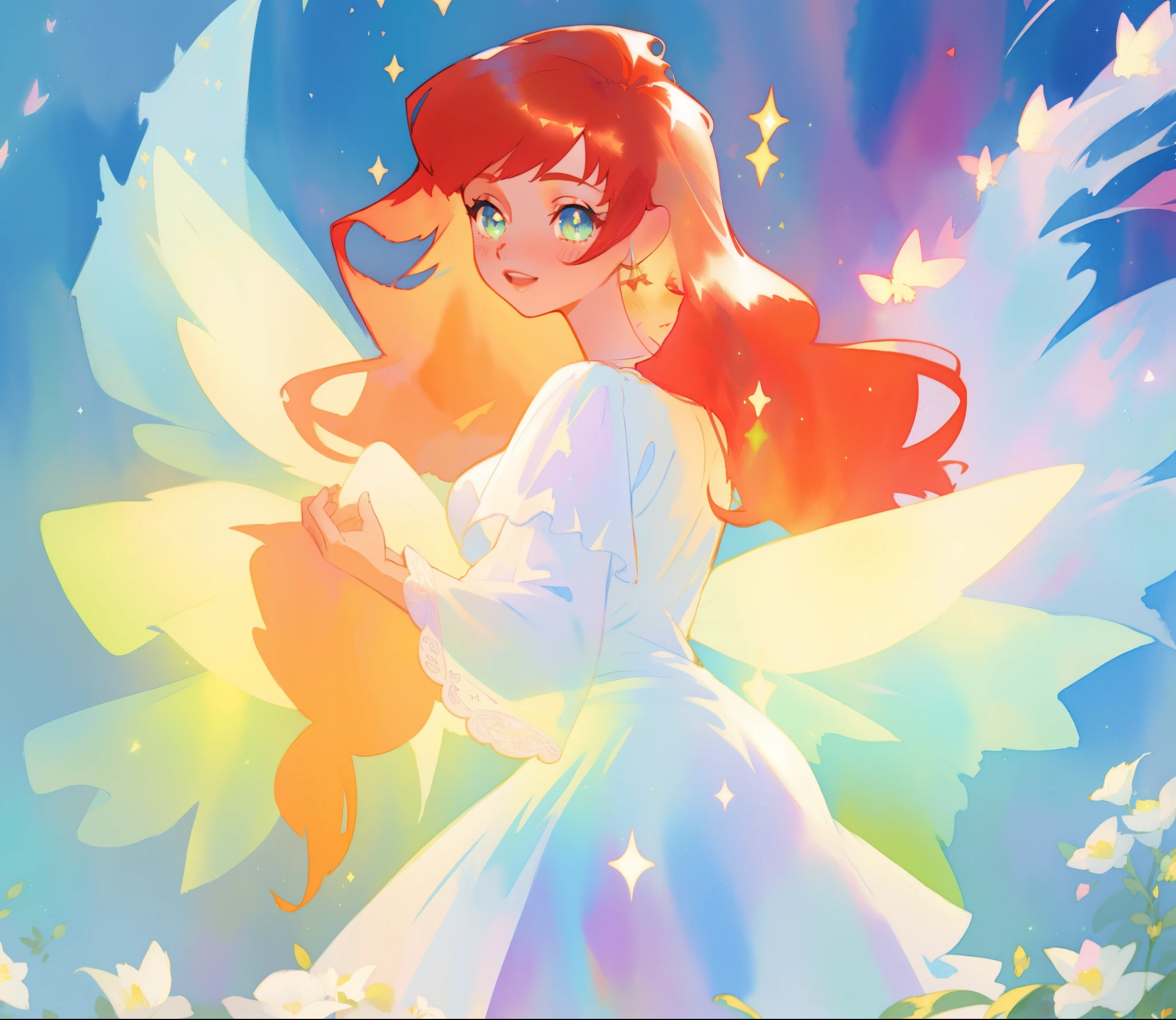 beautiful fairy girl in sparkling white layered dress, puffy flowing dress, sheer fluttering sleeves, ((sparkling fairy dress)), long red gold hair, colorful fantasia background, delicate white flowers, watercolor illustration, beautiful, masterpiece, best quality, vibrant pastel colors, colorful, vibrant, sharp focus, highly detailed, intricate details, golden ratio, perfect composition