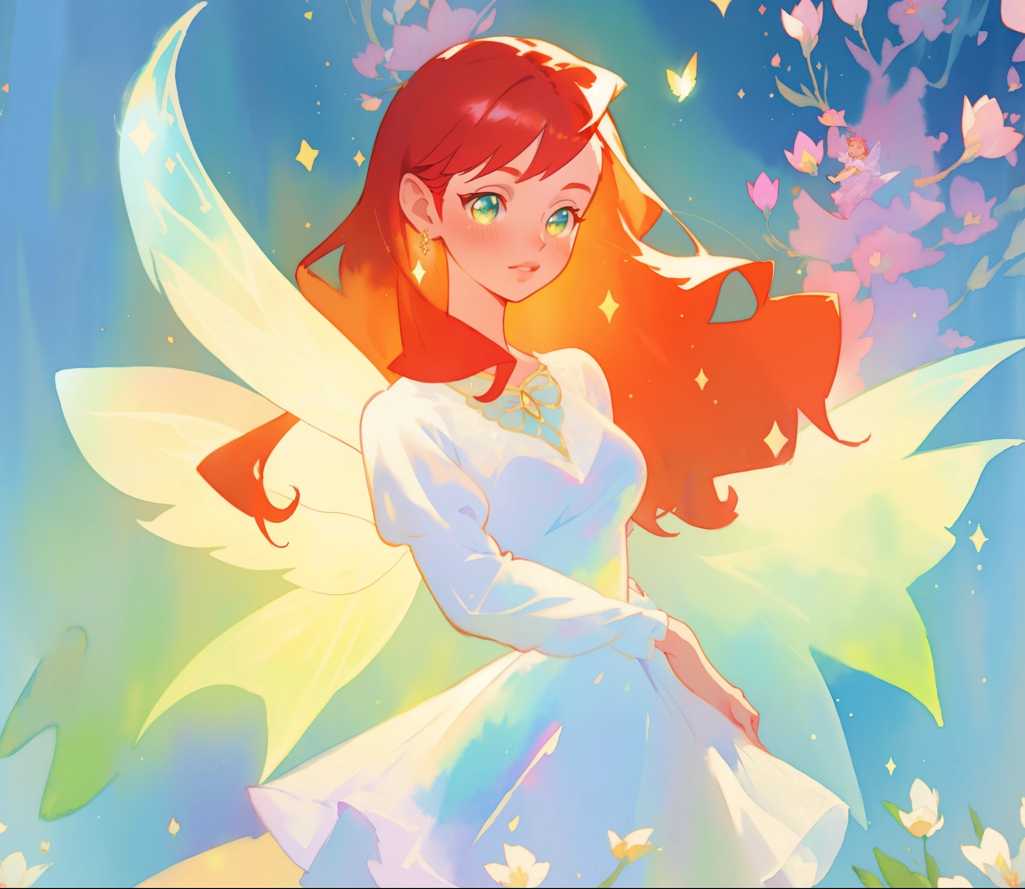 beautiful fairy girl in sparkling white layered dress, puffy flowing dress, sheer fluttering sleeves, ((sparkling fairy dress)), long red gold hair, colorful fantasia background, delicate white flowers, watercolor illustration, beautiful, masterpiece, best quality, vibrant pastel colors, colorful, vibrant, sharp focus, highly detailed, intricate details, golden ratio, perfect composition