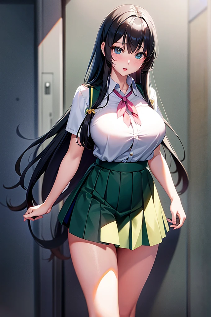 highest quality,masterpiece,8k,1girl,((big breasts:1.3)),orgasm,blush,angry, sweat,mini skirt,lift skirt,upskirt,Mizuki Yukikaze,hair ribbon, green shirt, serafuku, white neckerchief, long sleeves, pleated skirt, black skirt, black thighhighs,pussy juice,white panties,walking,cumdrip,((excessive cum,cum on clothes,train:1.1))