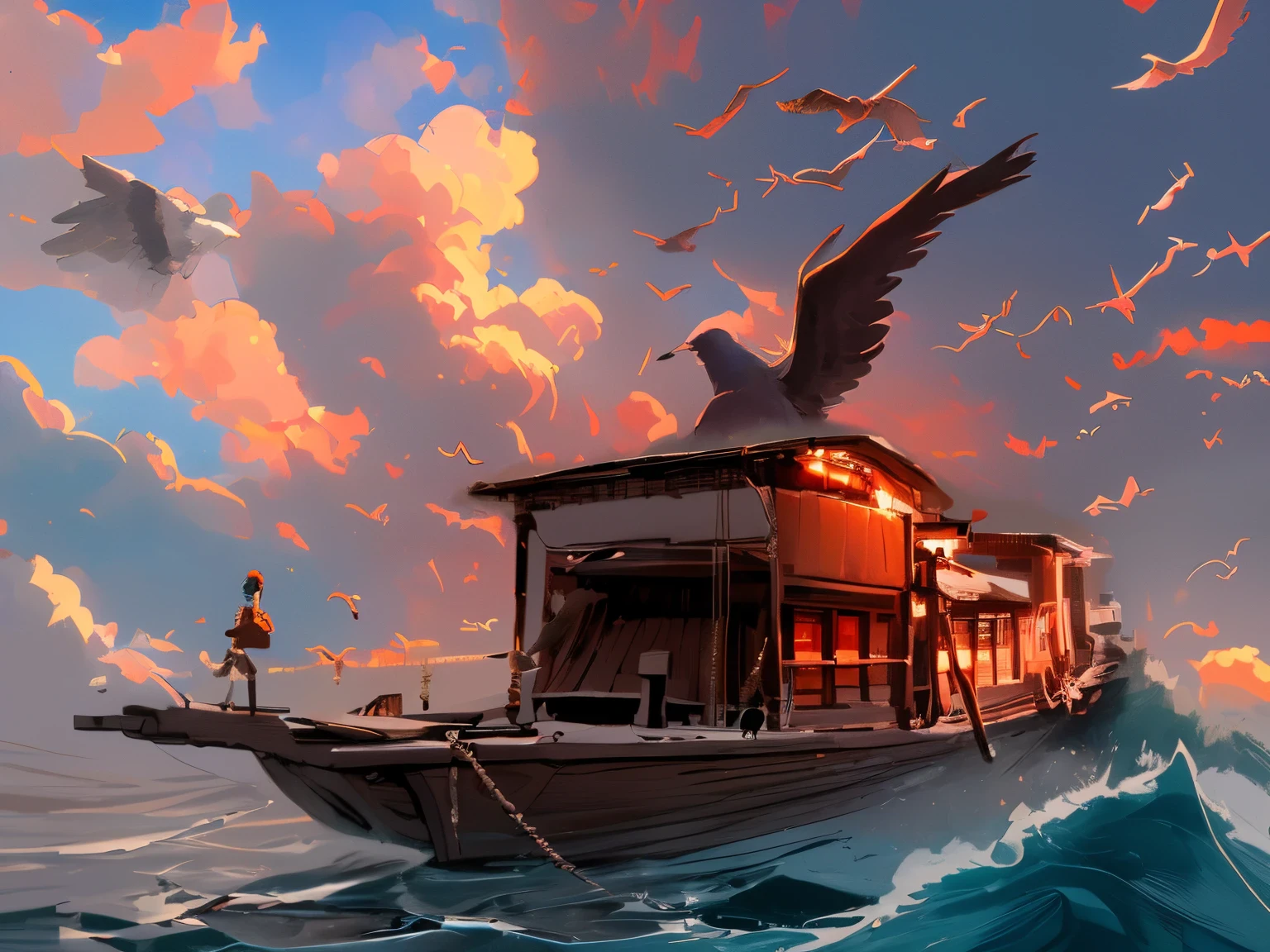 Colorful sky,There are pigeons flying in the distance