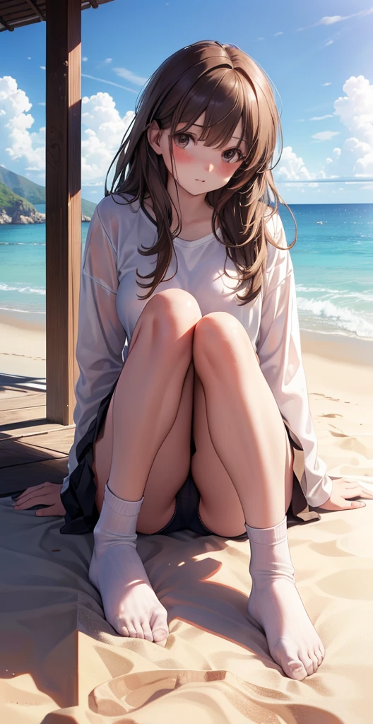 ultra-detailliert, hight resolution, (Realistic, Photorealistic: 1.4), 8K, Raw photo, (masutepiece), (Best Quality), physically-based renderingt, Female college student, long brown hair, sand beach, _white_Shirt、Burnt skin、brownish colors、Loose Socks、Panchira、opening legs
