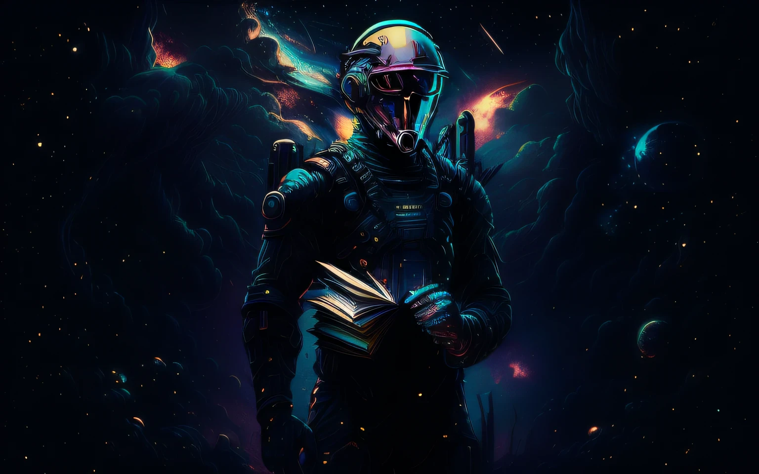 there is a man in a spacesuit holding a book, strange portrait with galaxy, hq 4k papel de parede, Retrato de um ciborgue espacial, papel de parede hd, paper awesome wallpaper, terno feito de estrelas, Avantgarde 4K Wallpaper, science fiction digital art, papel de parede de alta qualidade, arte digital sci-fi, 8k hd papel de parede arte digital, Papel de parede solarpunk 4k