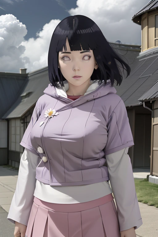 masterpiece, absurdres , (intricate details), (colorful),cinematic lighting,extremely detailed CG unity 8k wallpaper ,hinata\(boruto\), 1girl, solo, purple hoodie with red skirt, and wearing stocking,lomg hair floating, from behind,layered sleeves, cowboy shot, (huge tits), looking at viewer, outdoors, lavender flower field,flower, day, cloudy sky, wind, floating hair, falling petals, ()