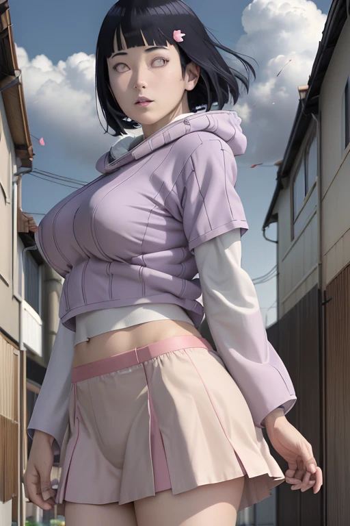 masterpiece, absurdres , (intricate details), (colorful),cinematic lighting,extremely detailed CG unity 8k wallpaper ,hinata\(boruto\), 1girl, solo, purple hoodie with red skirt, and wearing stocking,lomg hair floating, from behind,layered sleeves, cowboy shot, (huge tits), looking at viewer, outdoors, lavender flower field,flower, day, cloudy sky, wind, floating hair, falling petals, ()