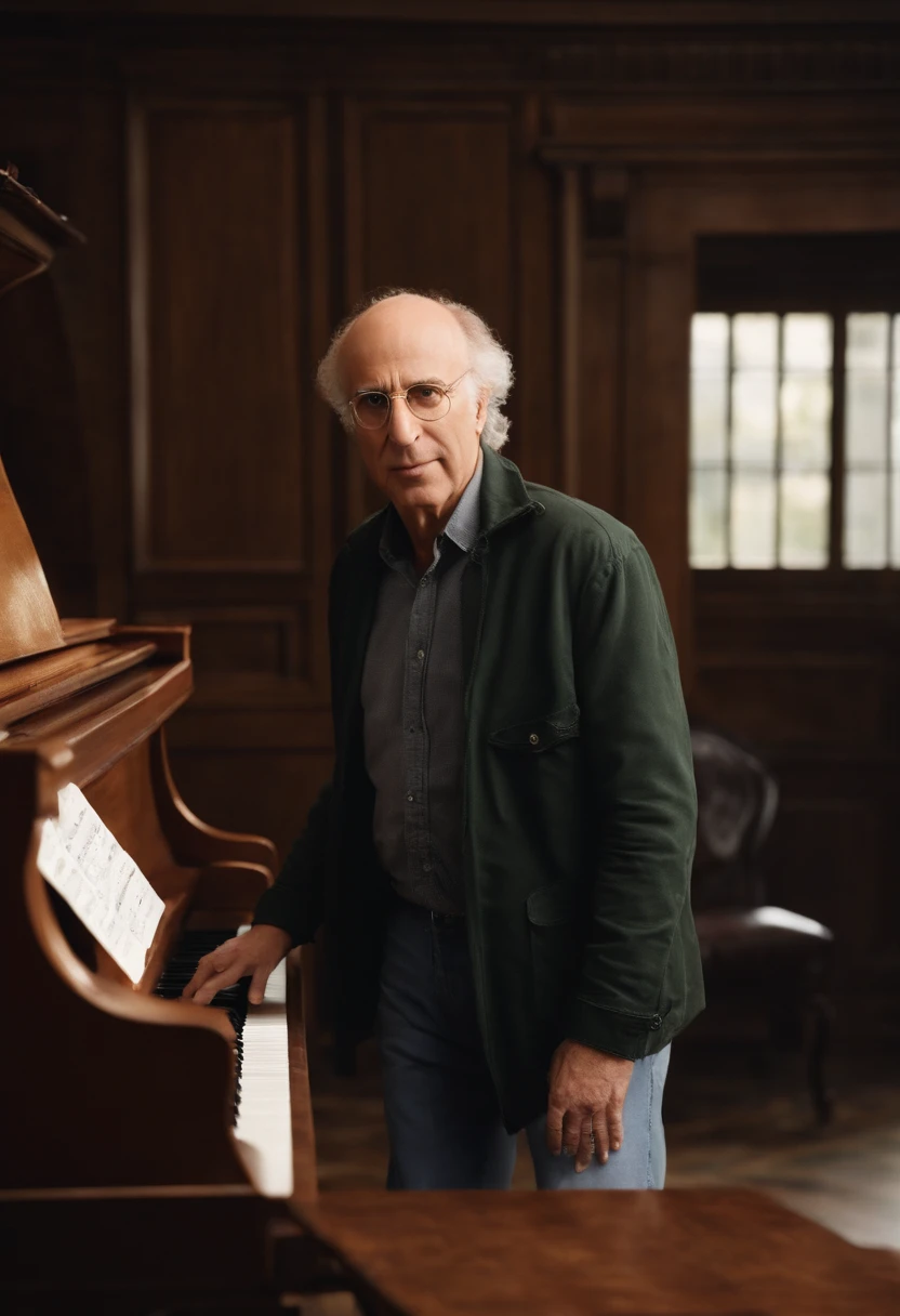 A photo of Larry standing in front of a grand piano, attempting to play a complex classical piece.,Curb Your Enthusiasm,Larry David, the character from “Curb Your Enthusiasm,” mirrors his real-life counterpart with a casual, often disheveled appearance, typically seen in khaki pants, a loose-fitting shirt, and sneakers. He is balding, with a rim of curly hair, and he carries a bemused expression that often shifts into one of exasperation or incredulity