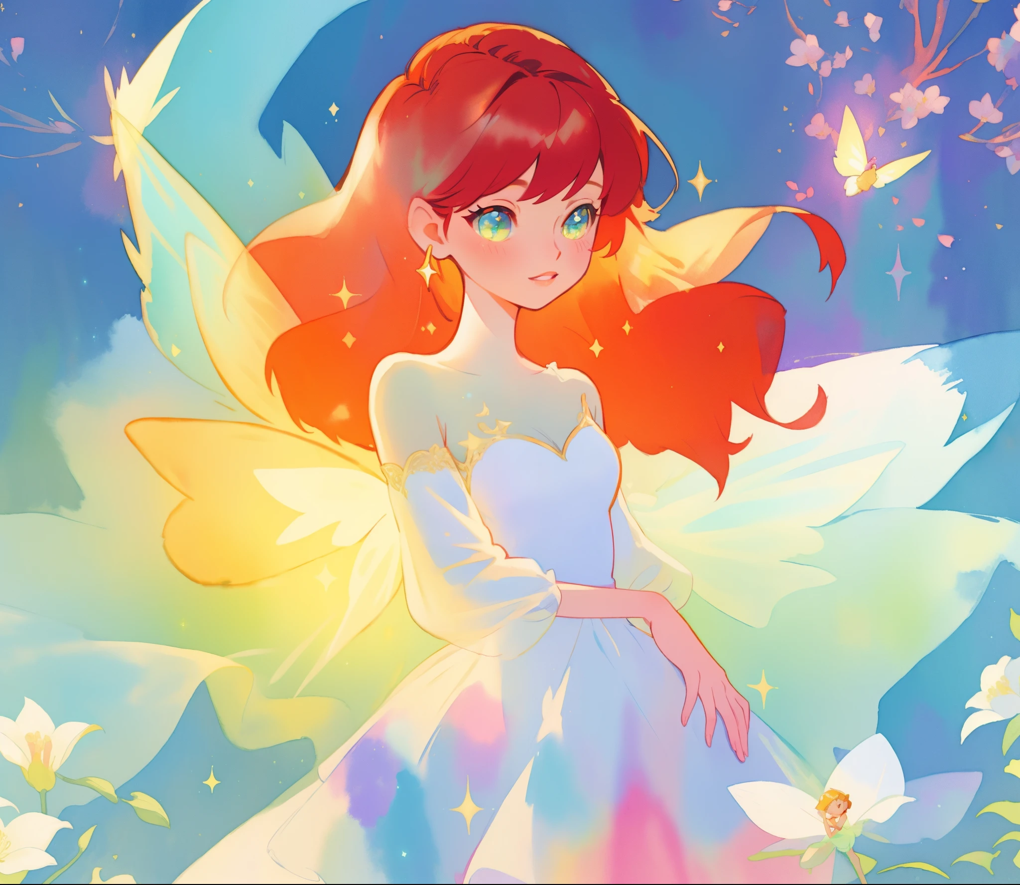 beautiful fairy girl in sparkling white layered dress, puffy flowing dress, sheer fluttering sleeves, ((sparkling fairy dress)), long red gold hair, colorful fantasia background, delicate white flowers, watercolor illustration, beautiful, masterpiece, best quality, vibrant pastel colors, colorful, vibrant, sharp focus, highly detailed, intricate details, golden ratio, perfect composition