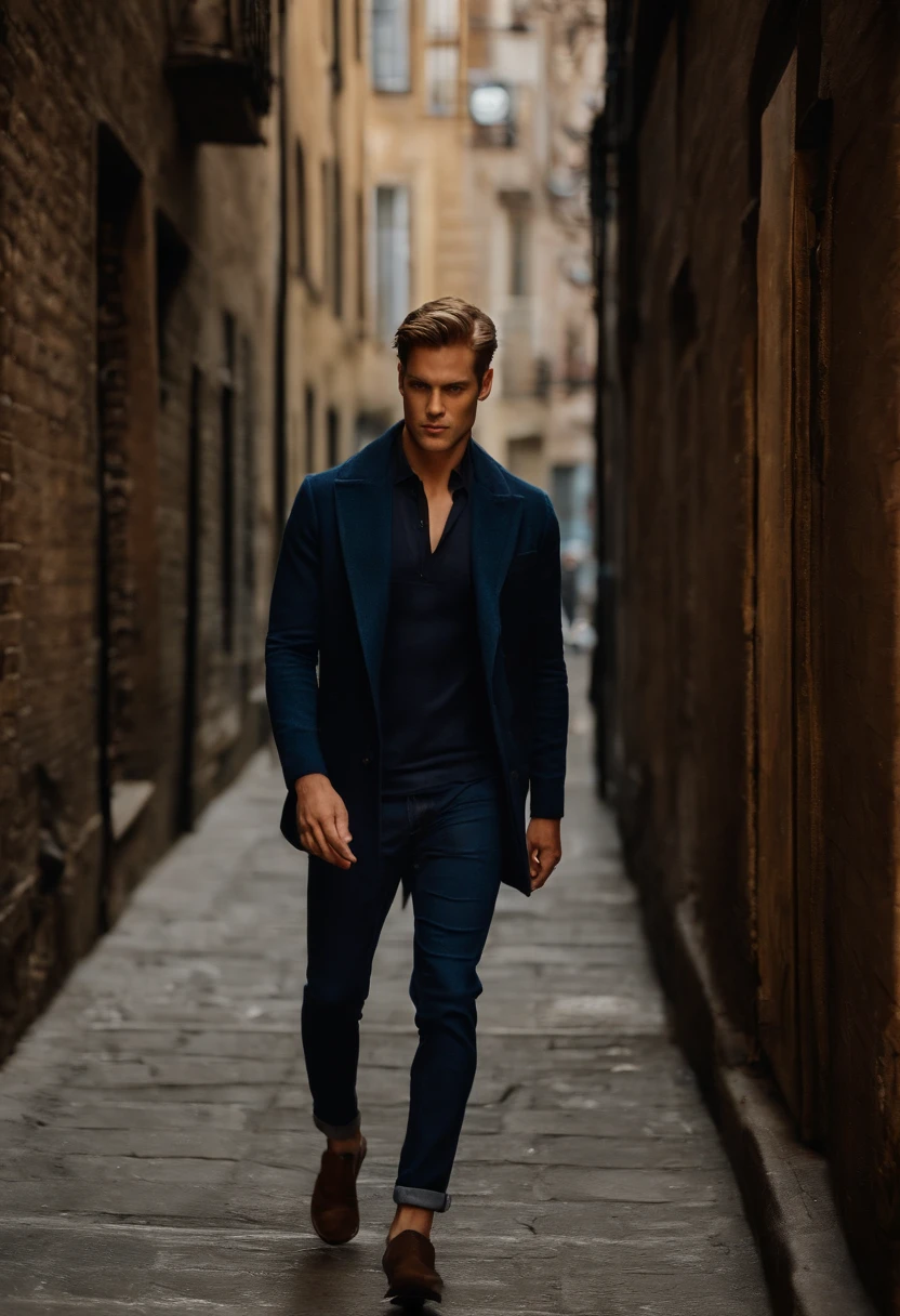 A photo of Nicholas Goldberg walking through a dimly lit alley, casting eerie shadows on the graffiti-covered walls.,original,Nicholas looks like the actor and celebrity Tom Glynn-Carney.
Gender: Male
Physical Attributes:
Nicholas possesses a well-maintained physique, distinguished by a toned and slim build, which accentuates his graceful presence. His skin carries a light tan, imbuing him with a healthy, sun-kissed glow that hints at an active lifestyle. His eyes, a piercing shade of blue, draw attention with their depth and clarity.
Hair:
Nicholas sports short, neatly groomed dirty blonde hair, which not only complements his appearance but also underscores his commitment to a polished and sophisticated look.
Apparel:
Nicholas is characterized by a tasteful and understated sense of fashion. He favors a plain crewneck shirt, reflecting his appreciation for simplicity and practicality. These versatile shirts convey an air of effortlessness and serve as a canvas for his inner complexities.
Complementing his shirt, he chooses straight-leg jeans that strike a harmonious balance between comfort and style. These jeans underscore his practicality, ensuring he's well-prepared for the rigors of everyday life.
To shield against the elements, Nicholas dons a warm and elegant coat, reinforcing his dedication to a refined and polished image. The coat not only offers protection but also projects a hint of sophistication that aligns with his enigmatic persona.
Completing his ensemble, Nicholas opts for semi-formal shoes. These choices combine style and comfort, allowing him to navigate seamlessly between casual and more formal settings. This footwear underscores his adaptability, an attribute that resonates with his multifaceted personality.
In addition to his attire, it's important to note that Nicholas's fashion choices go beyond mere garments; they reflect his personality, which embodies a compelling blend of charm, intelligence, and darkness.