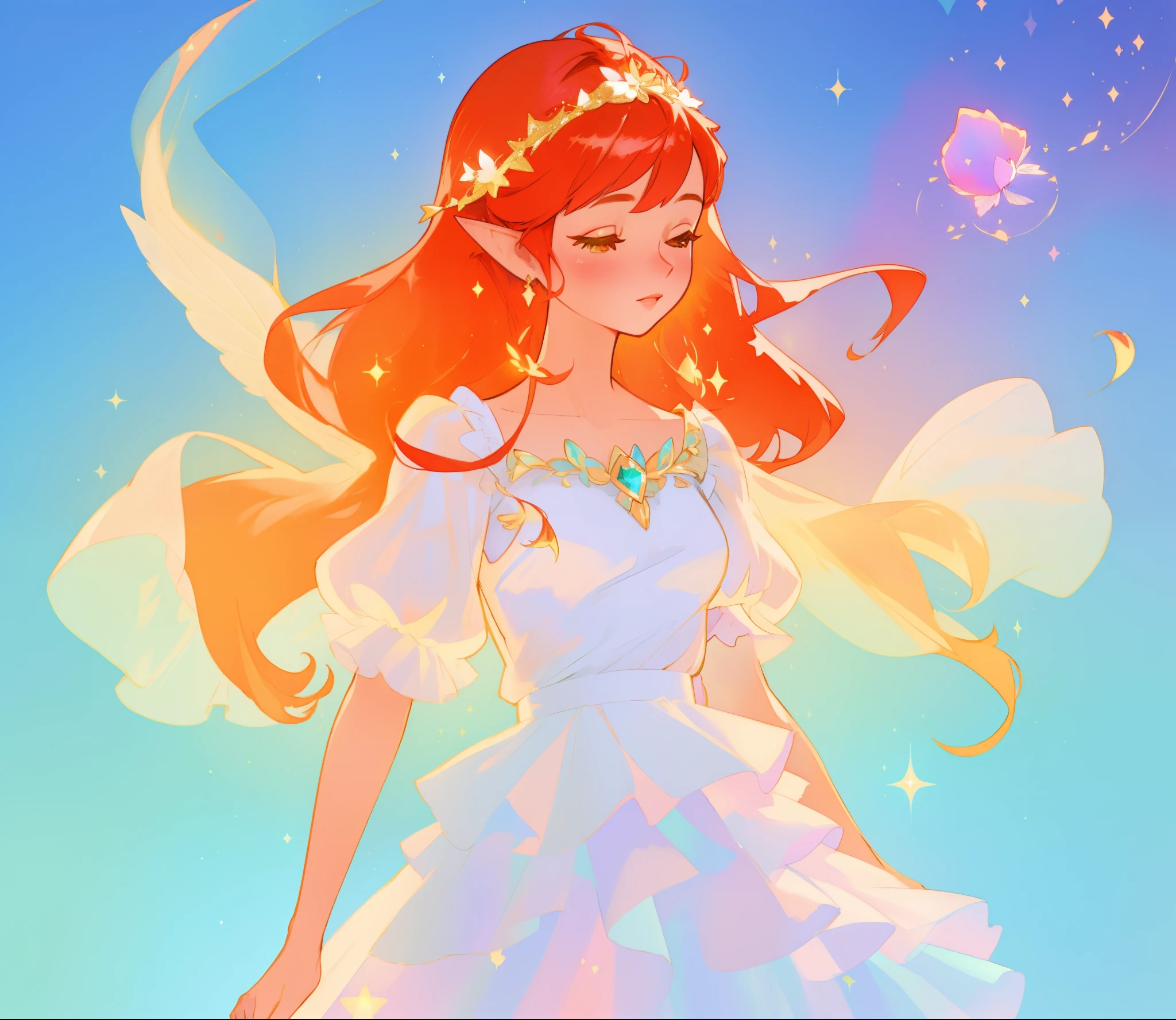 beautiful fairy girl in sparkling white layered dress, puffy flowing dress, sheer fluttering sleeves, ((sparkling sheer layered fairy dress)), long red gold hair, colorful fantasia background, delicate white flowers, watercolor illustration, beautiful, masterpiece, best quality, vibrant pastel colors, colorful, vibrant, sharp focus, highly detailed, intricate details, golden ratio, perfect composition, 8k resolution, perfect, (golden ratio)