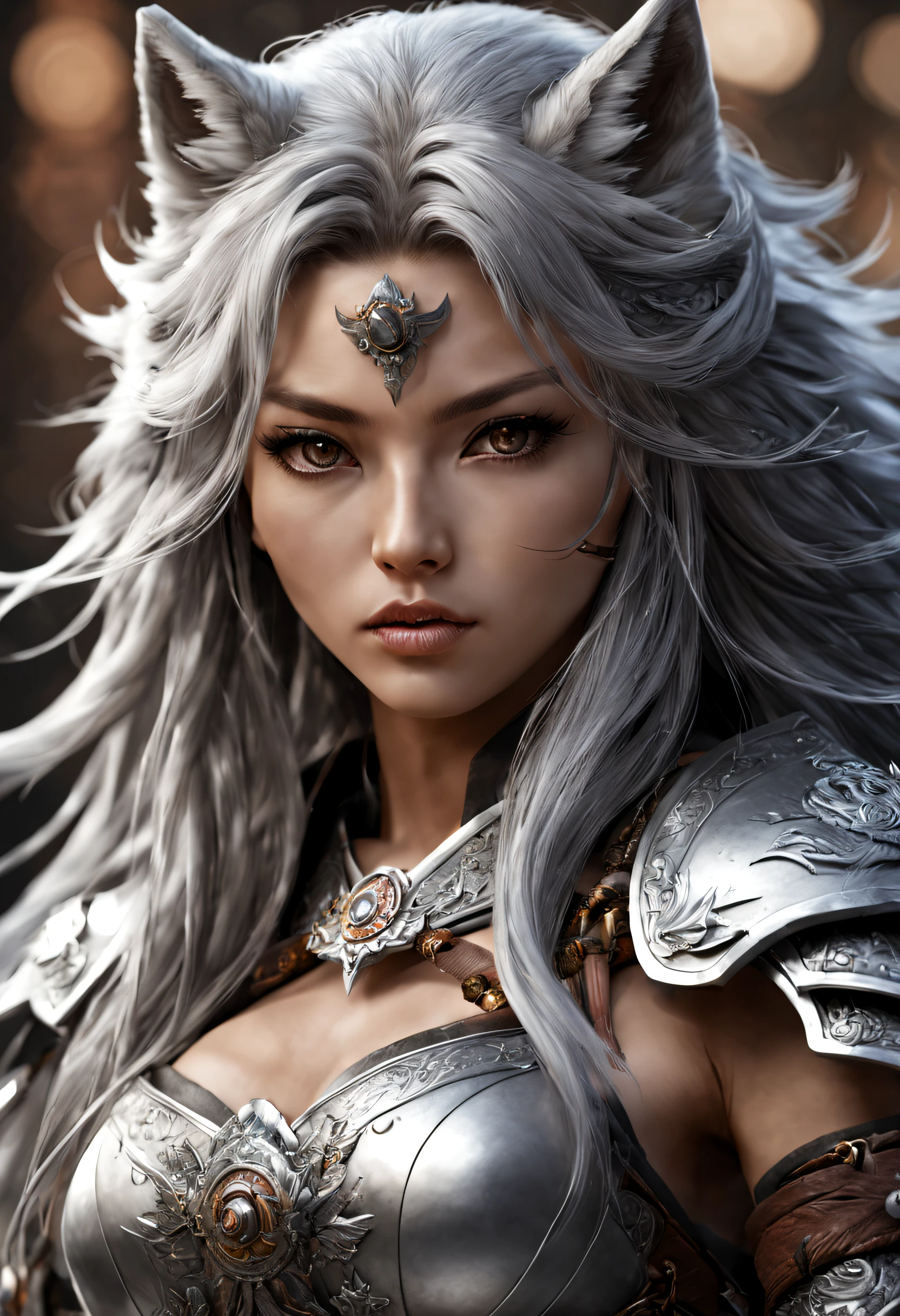 A Hyperrealistic, Silver Wolf female warrior, Weapons, Japanese Fantasy World, perfect face, Perfect Body, Detailed and Intrincated, HD