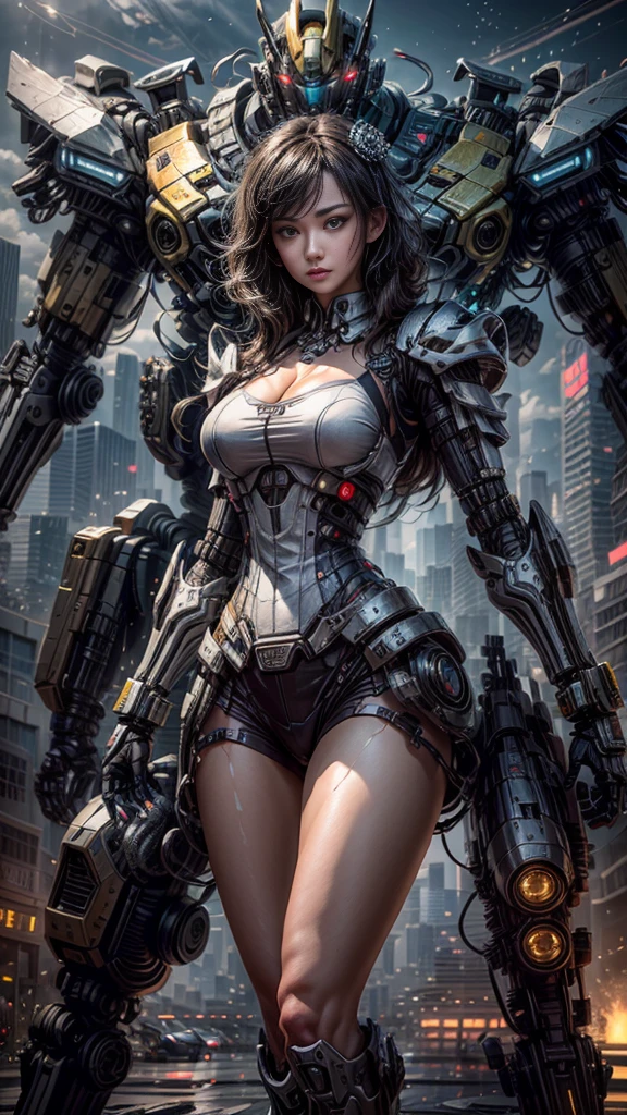 (La mejor calidad)), ((Obra maestra)), (muy detallado: 1.3), ..3D, Maestro Chef-Mecha, Hermosa mujer cyberpunk con corona, Con armadura estilo Master Chef, sci-fi technology, HDR (High Dymanic Range), Trazado de rayos, NVIDIA RTX, Super resolution, Irreal 5, Subsoil Scatter, Textura PBR, Post-procesamiento, Anisotropic filtering, Profundidad de campo, maximum sharpness and sharpness, Textura multicapa, Mapeo especular y albedo, Sombreado de superficies, Accurate simulation of light-material interactions, proporciones perfectas, Renderizado de octanaje, duotone lighting, ISO bajo, balance de blancos, Regla de los tercios, Amplia apertura, 8K RAW, high-efficiency subpixels, sub-pixel convolution, light particles, Light scattering, Efecto Tyndall, muy sexy, cuerpo completo, Pose de batalla, cabello negro con trenzas,